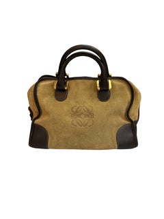 1990s Vintage LOEWE Amazona 32 Beige Suede & Brown Calfskin Boston Bag