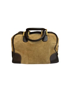 1990s Vintage LOEWE Amazona 32 Beige Suede & Brown Calfskin Boston Bag