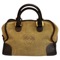 1990s Vintage LOEWE Amazona 32 Beige Suede & Brown Calfskin Boston Bag