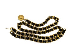1980s Vintage CHANEL COCO Leather Chain Belt Black Gold