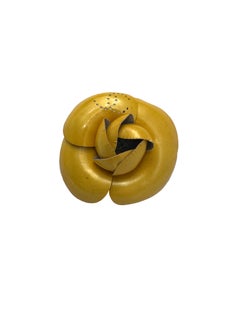 Vintage CHANEL Mustard Perforated CC Patent Leather Camellia Corsage Brooch Pin