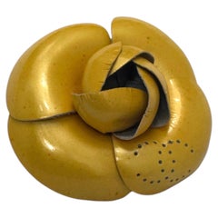 Vintage CHANEL Mustard Perforated CC Patent Leather Camellia Corsage Brooch Pin