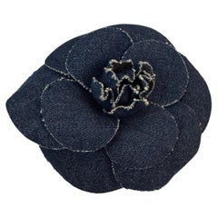 1990s Vintage CHANEL Massive Blue Denim Camellia Corsage Brooch Pin