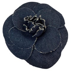 1990s Vintage CHANEL Massive Blue Denim Camellia Corsage Brooch Pin