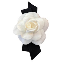Vintage CHANEL Off-White Silk Camellia Corsage Brooch Pin with Black Ribbon Bow