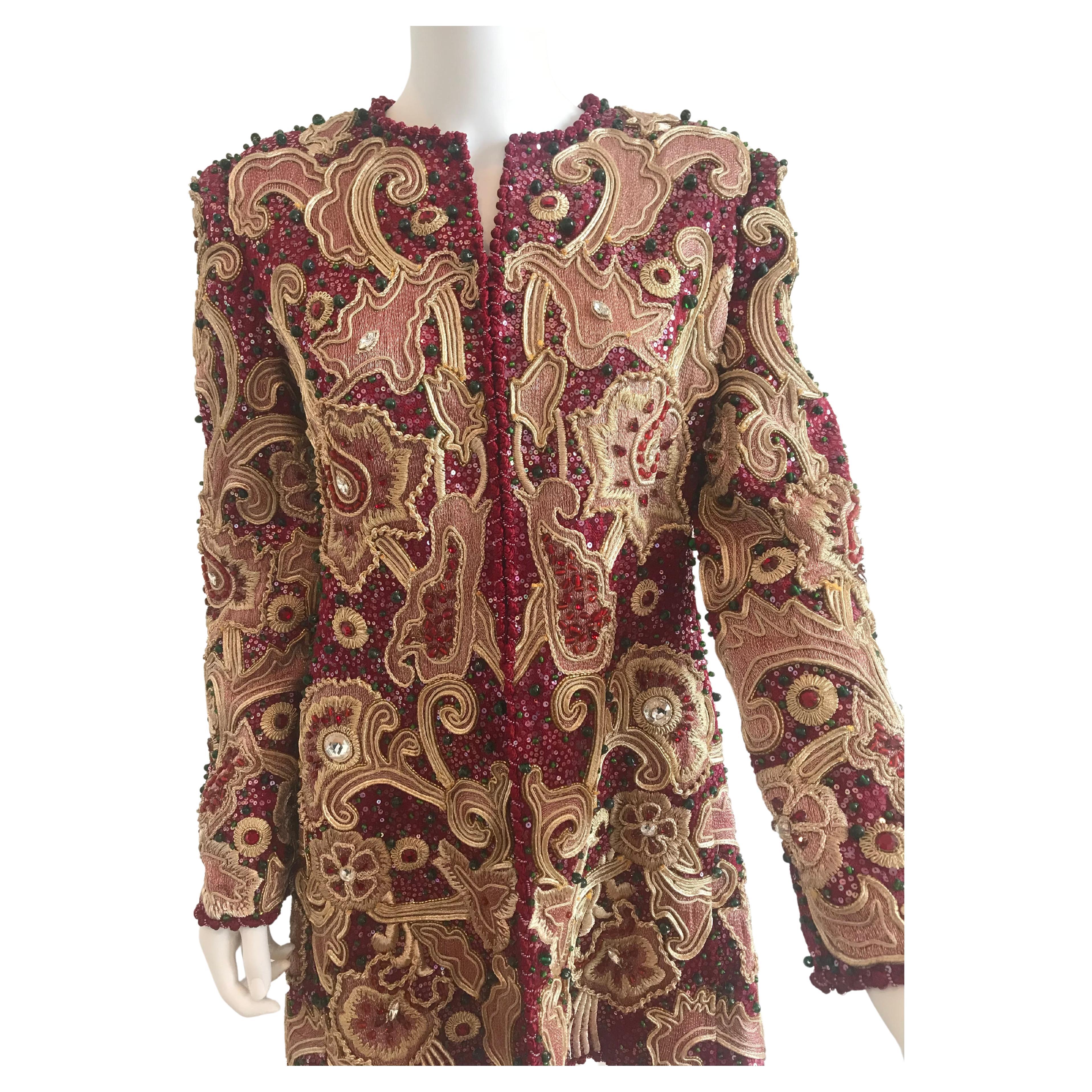 Mary McFadden for Bergdorf Goodman Burgundy Embroidered and Beaded Evening Coat In Excellent Condition For Sale In Brooklyn, NY