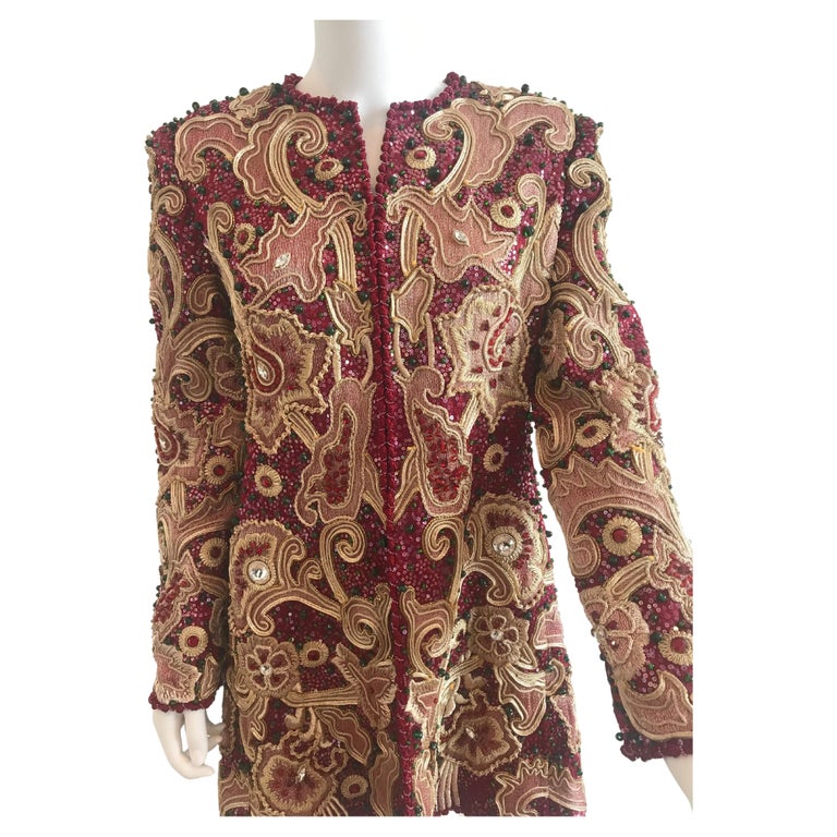 Mary McFadden for Bergdorf Goodman Burgundy Embroidered and Beaded Evening Coat For Sale 2