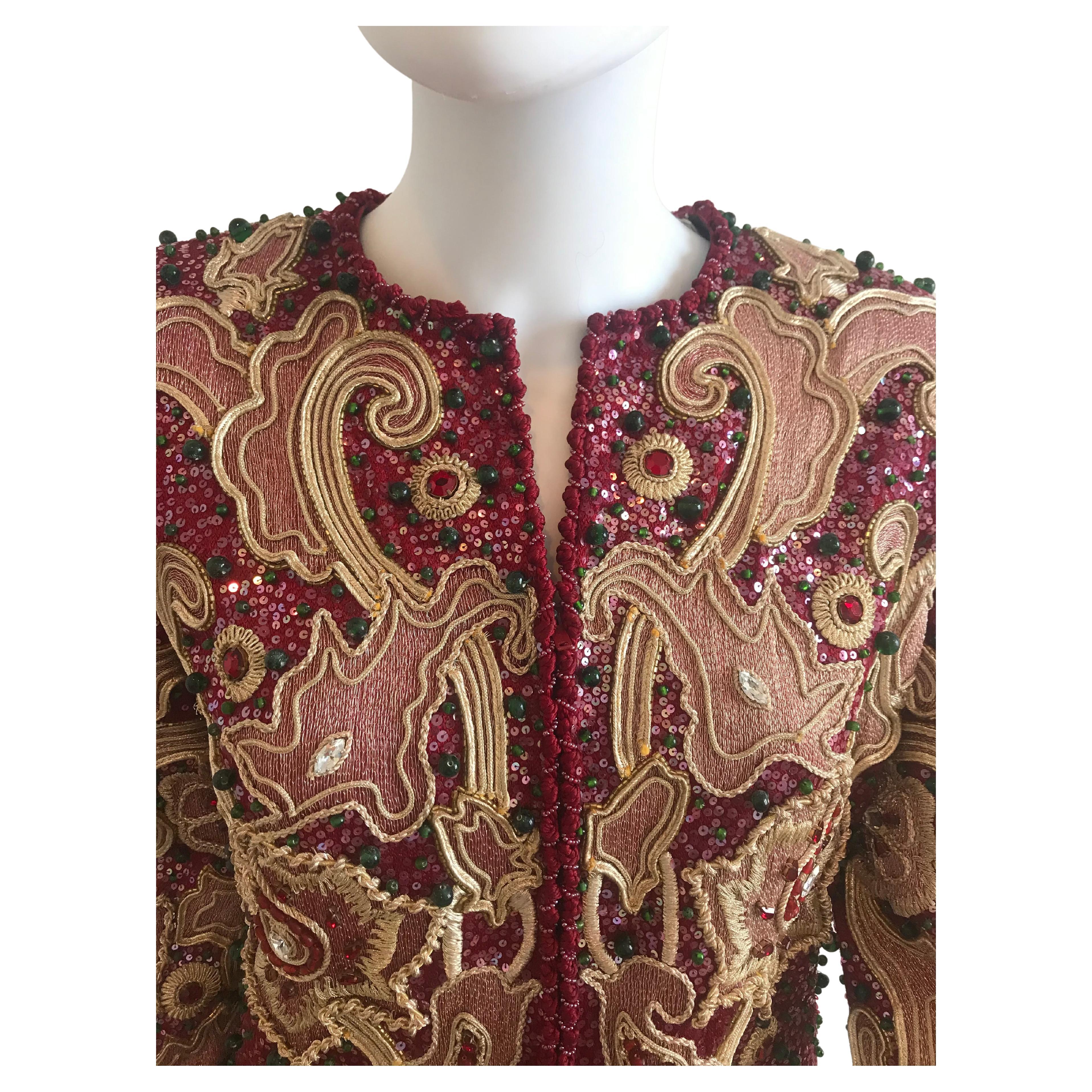 Black Mary McFadden for Bergdorf Goodman Burgundy Embroidered and Beaded Evening Coat For Sale