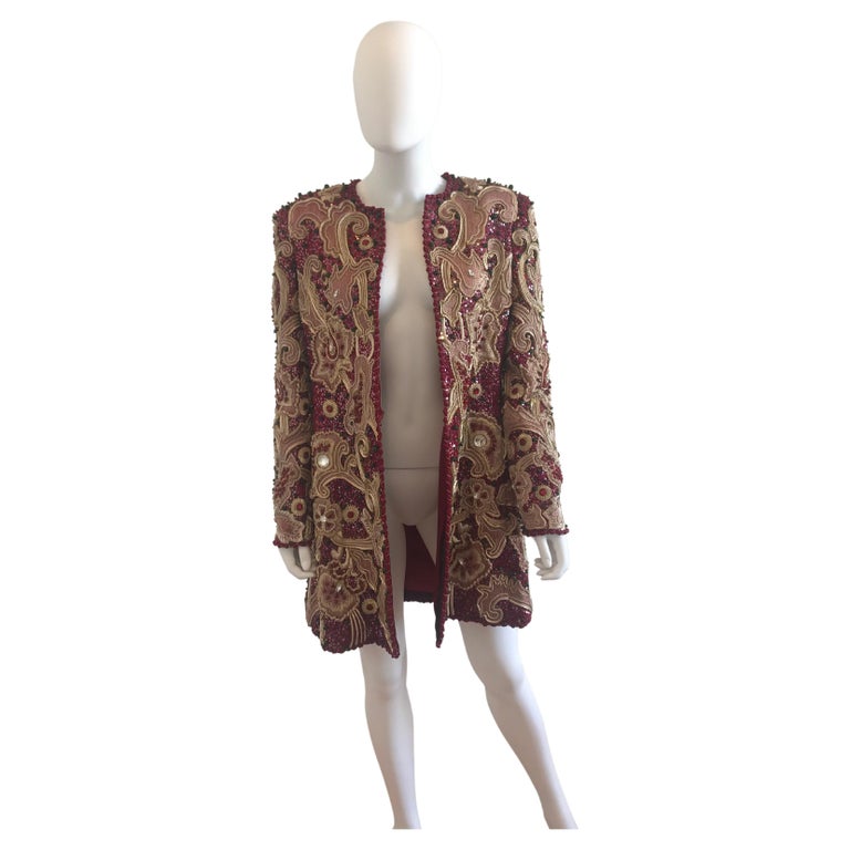 Mary McFadden for Bergdorf Goodman Burgundy Embroidered and Beaded Evening Coat For Sale