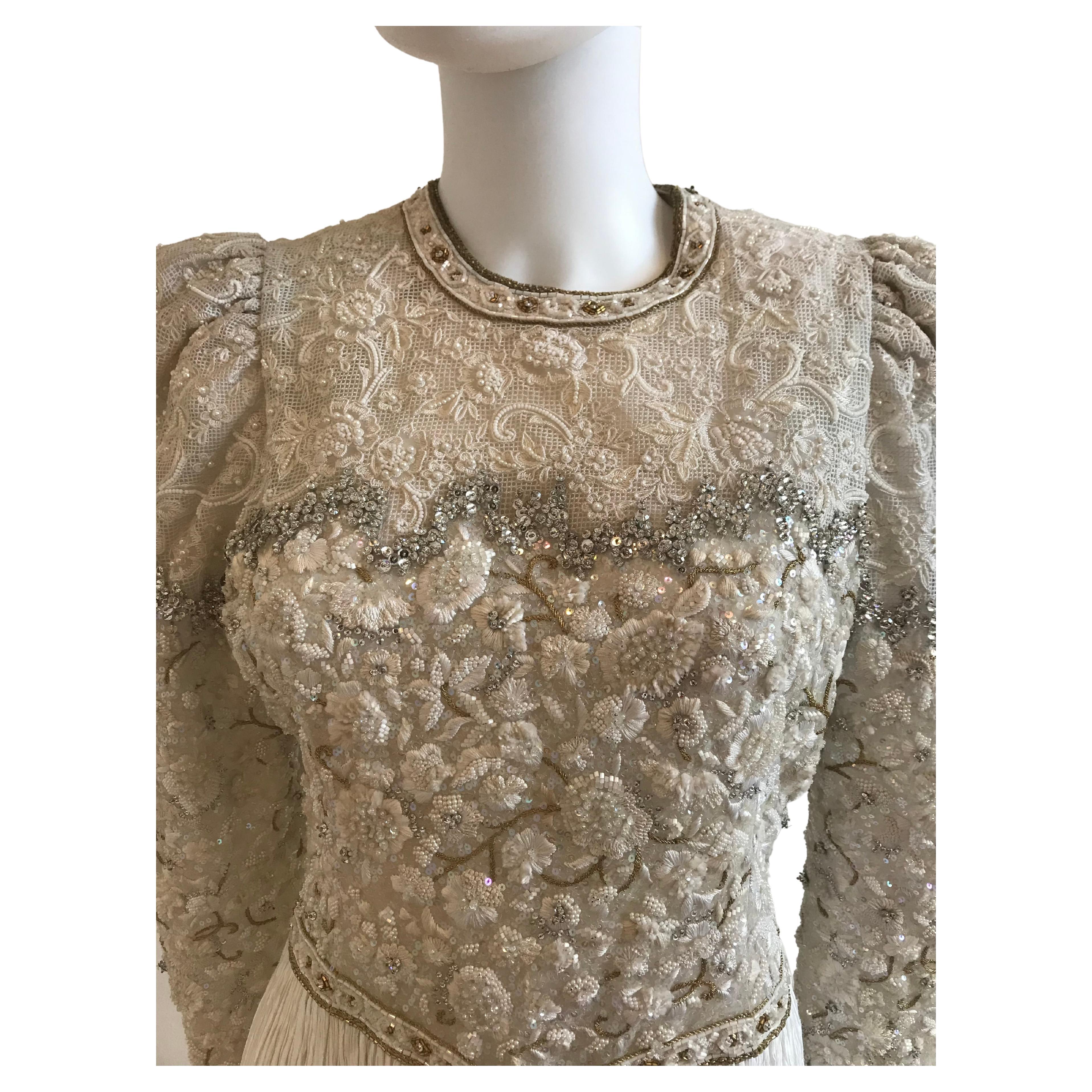 Mary McFadden Embroidered Beaded Plisse Gown In Good Condition For Sale In Brooklyn, NY