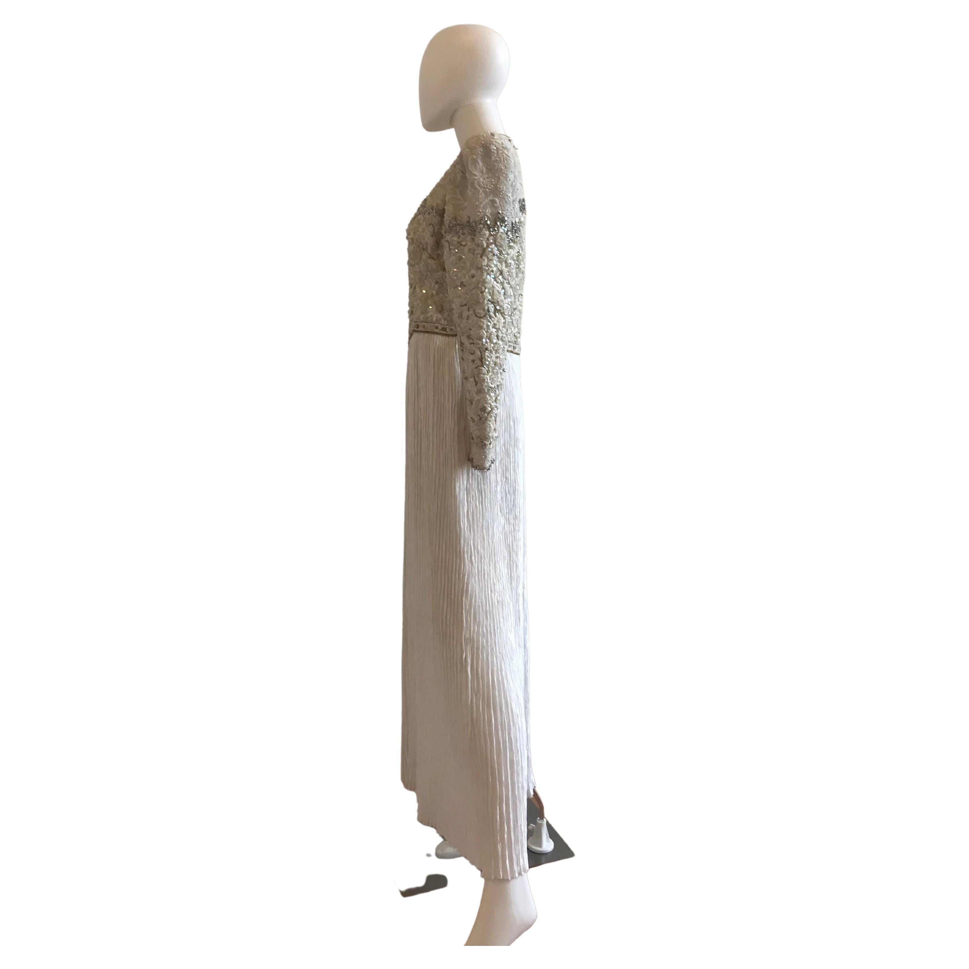 Gray Mary McFadden Embroidered Beaded Plisse Gown For Sale