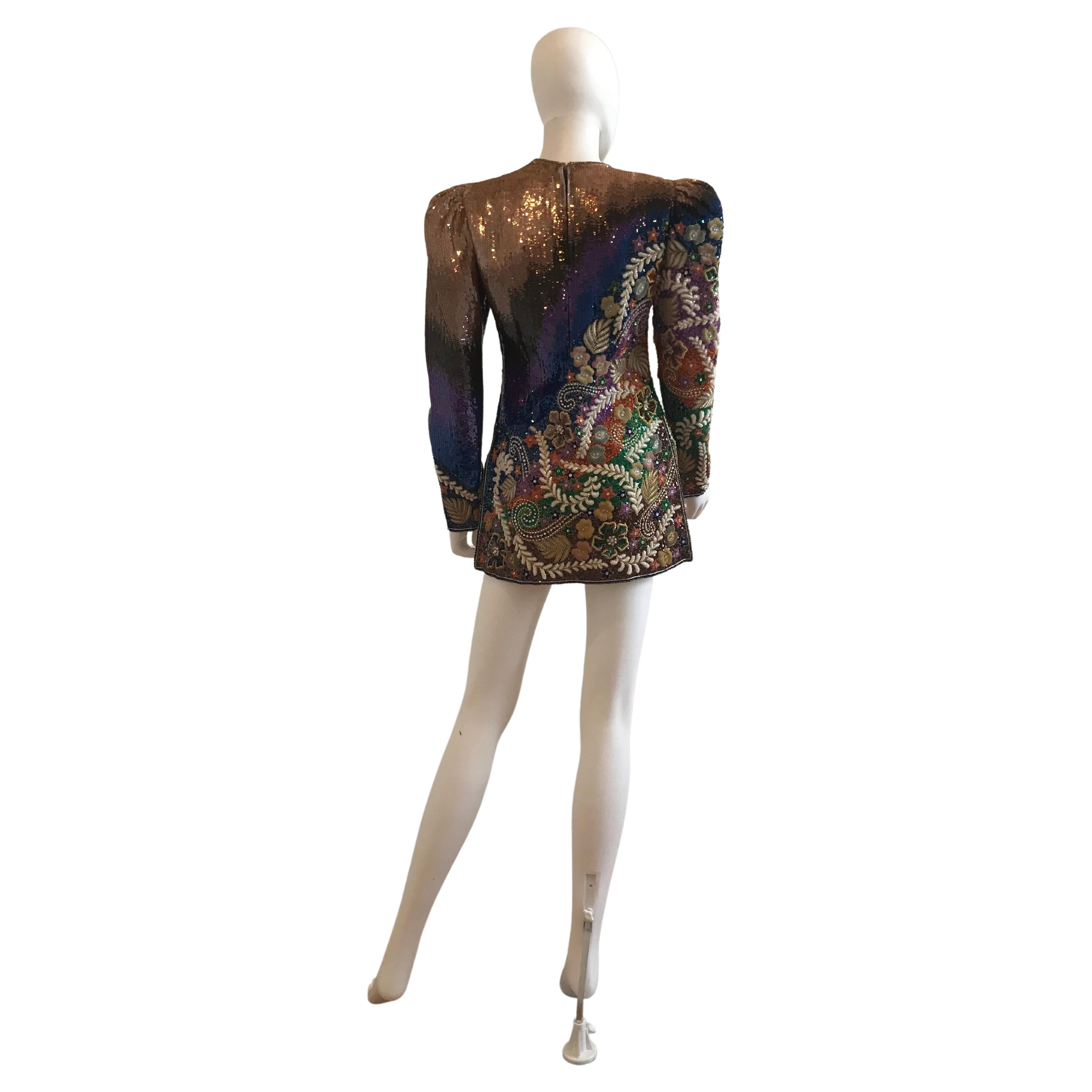 Mary McFadden Multi Color Sequins and Embroidered Top/Mini Dress For Sale 2