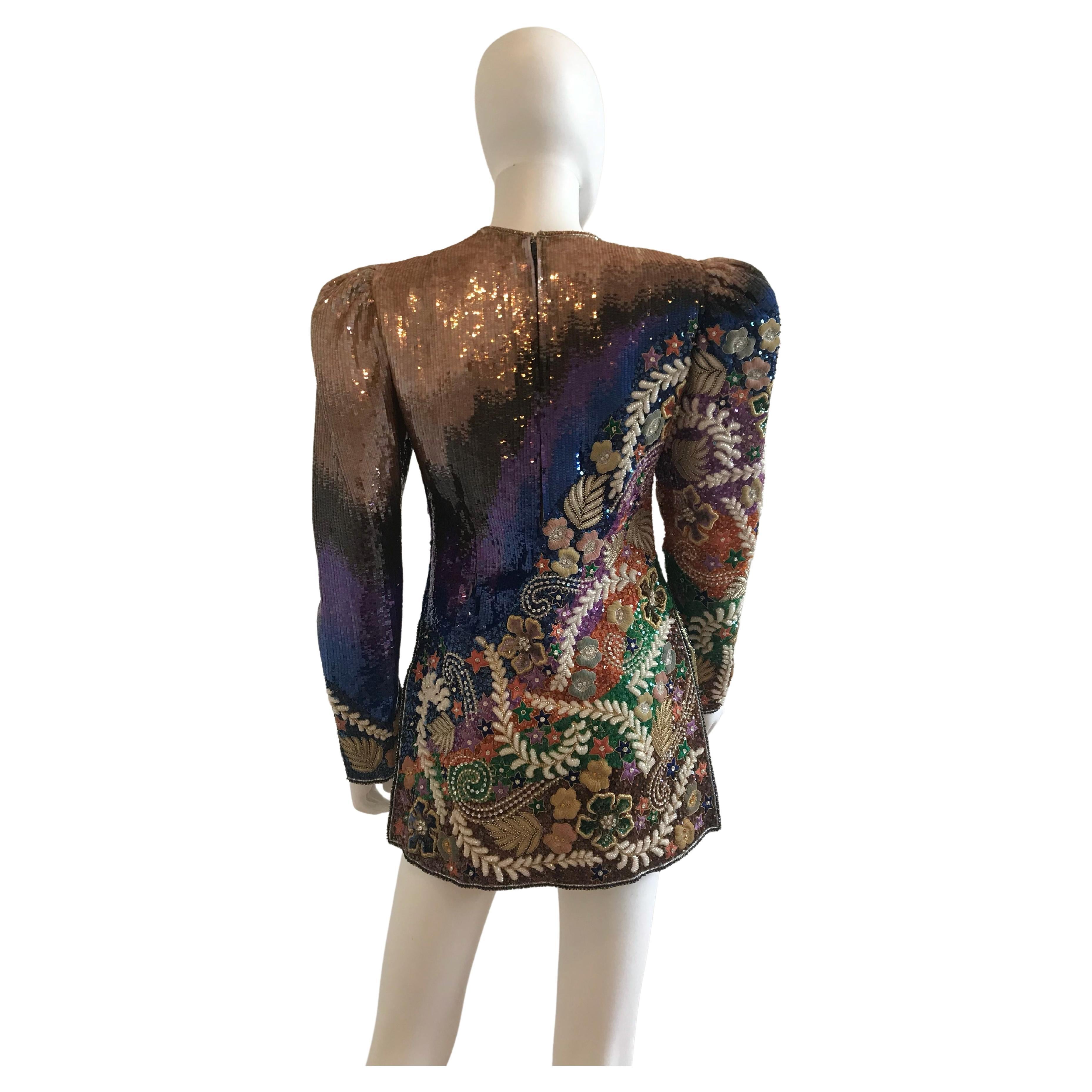 Mary McFadden Multi Color Sequins and Embroidered Top/Mini Dress For Sale 1