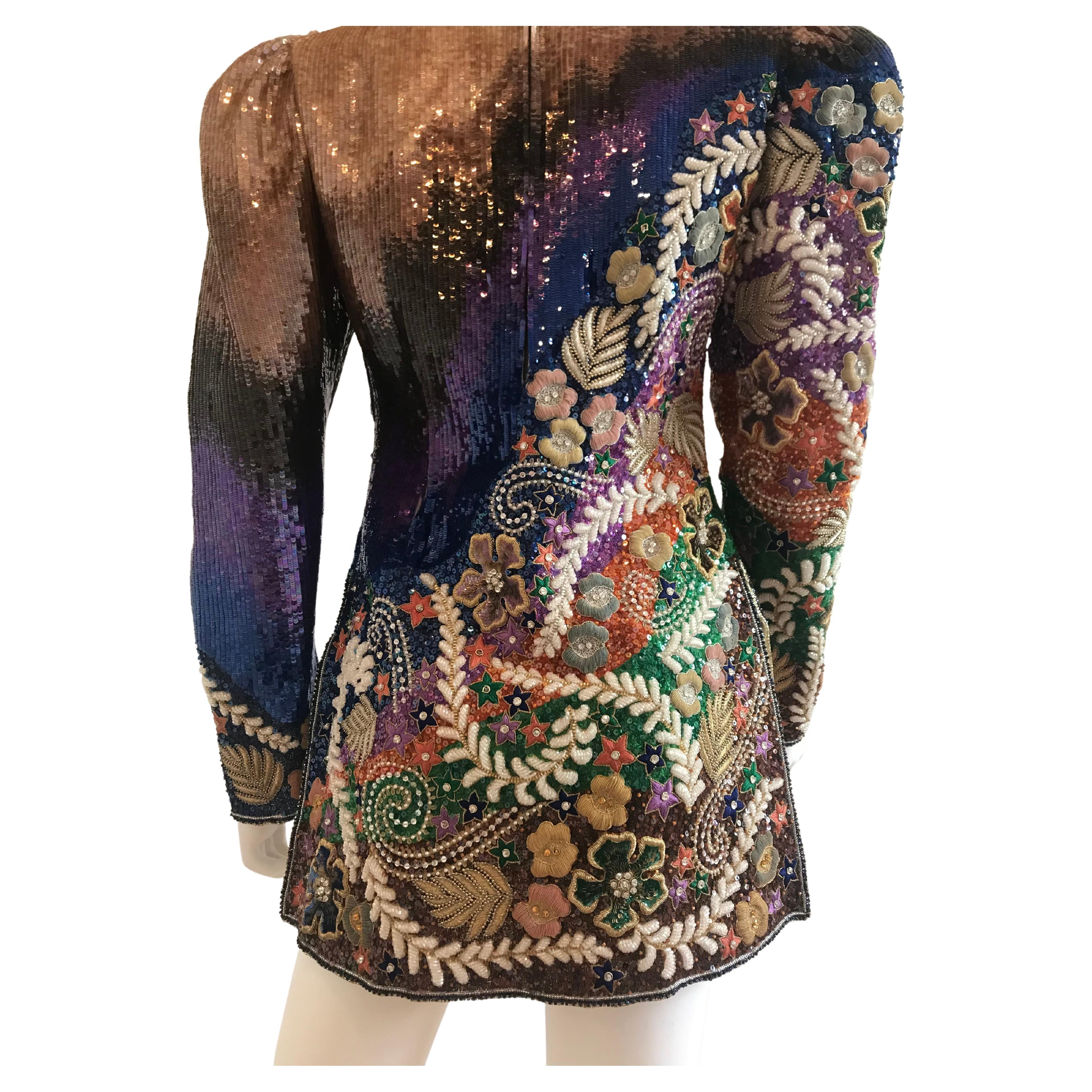 Women's Mary McFadden Multi Color Sequins and Embroidered Top/Mini Dress For Sale