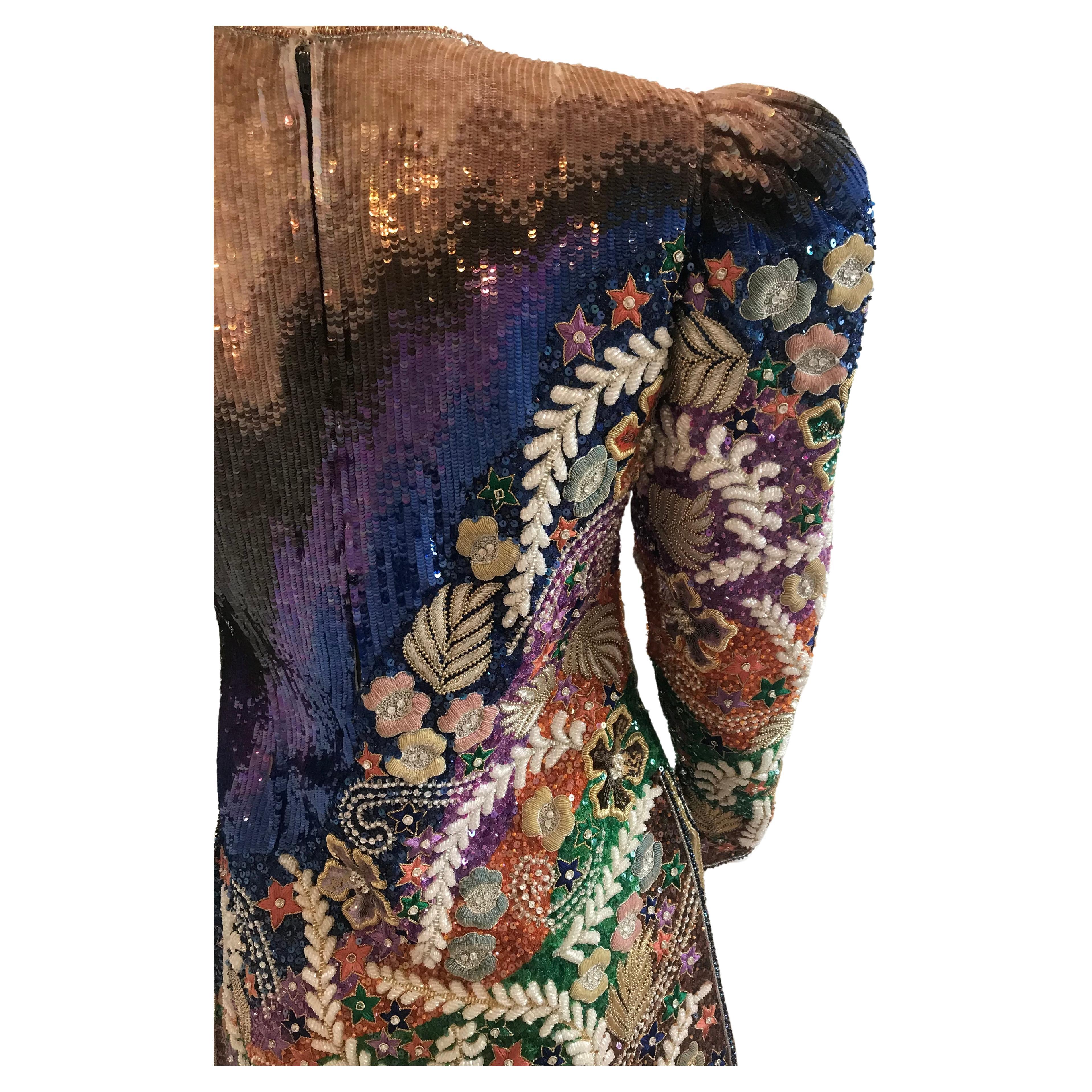 Mary McFadden Multi Color Sequins and Embroidered Top/Mini Dress In Good Condition For Sale In Brooklyn, NY