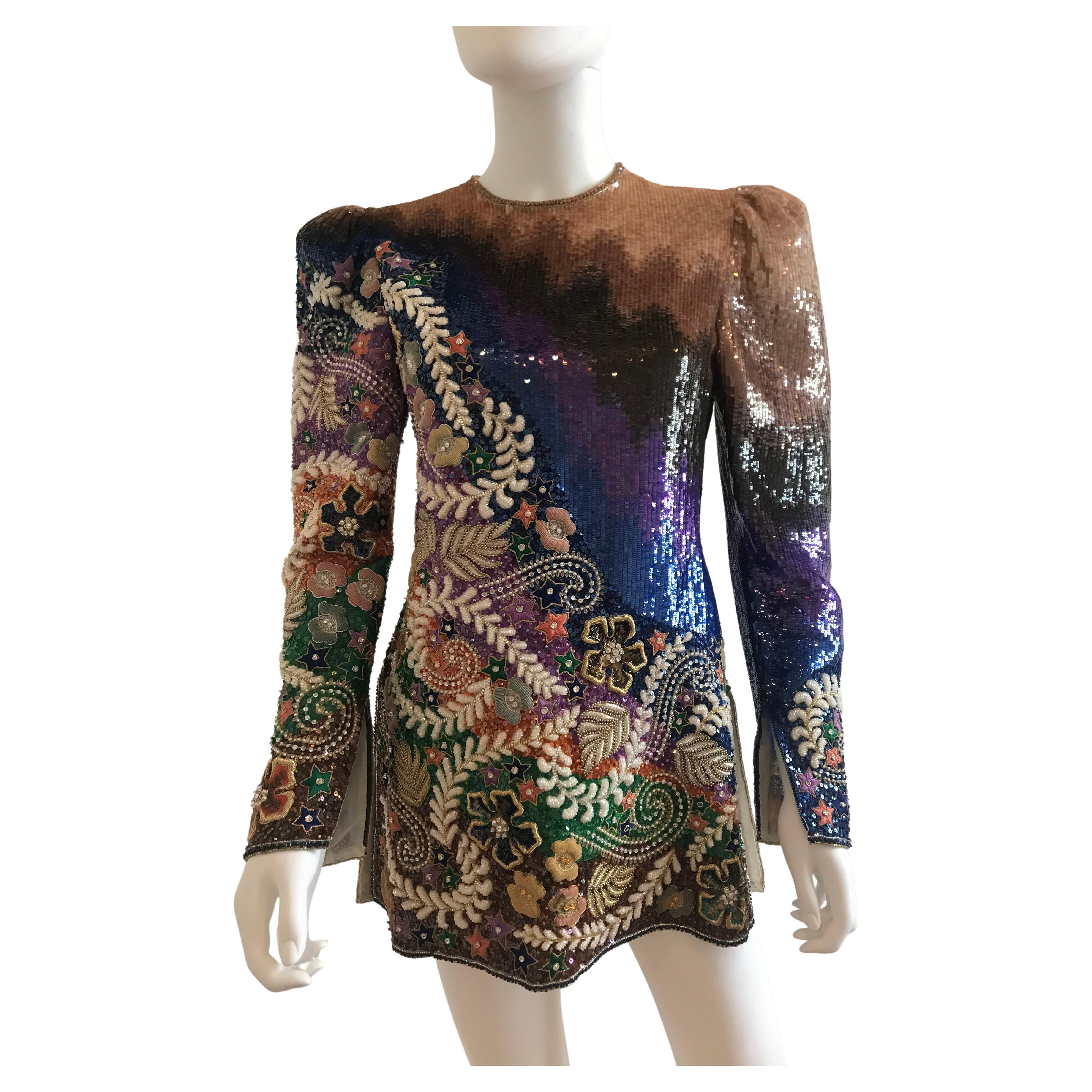 Black Mary McFadden Multi Color Sequins and Embroidered Top/Mini Dress For Sale