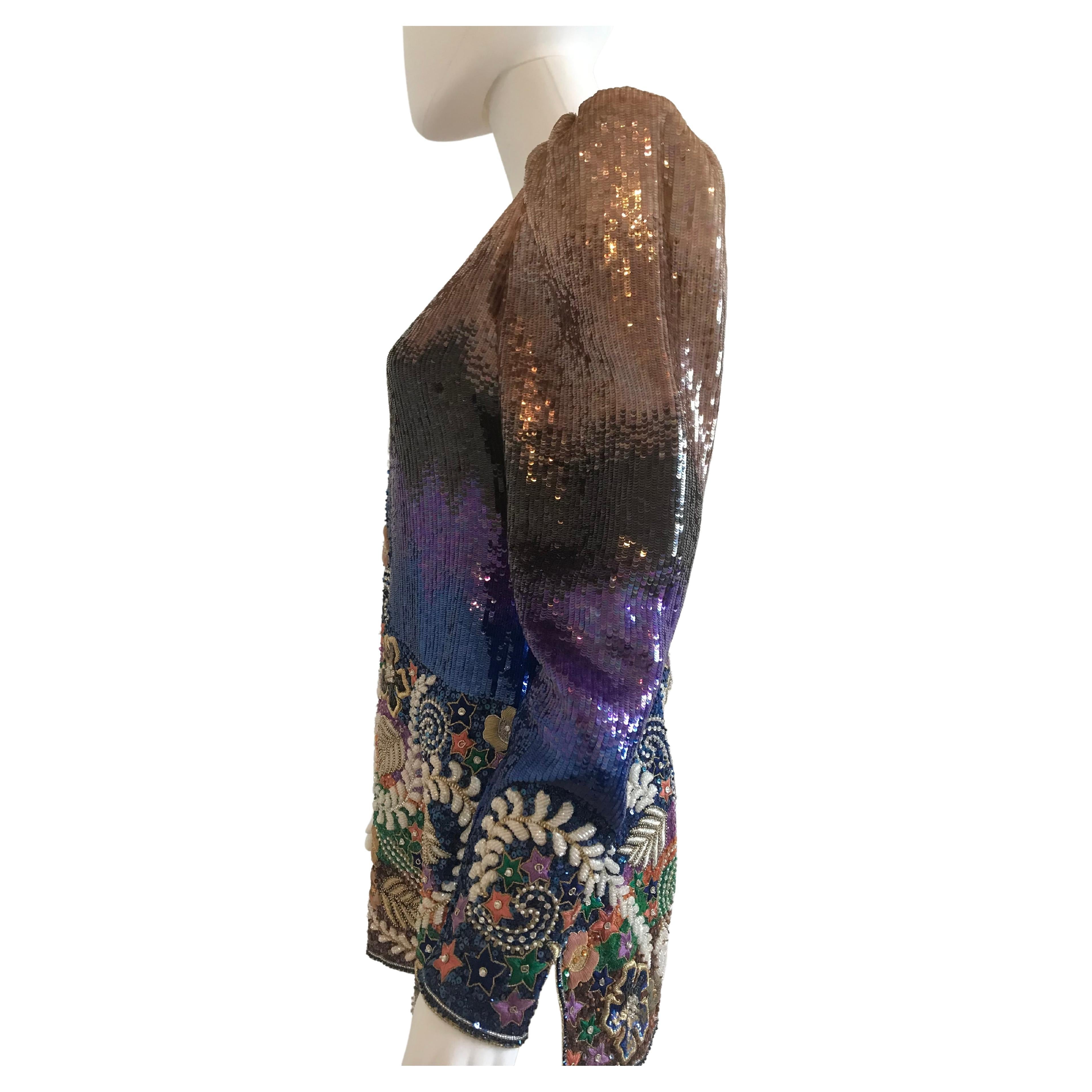 Mary McFadden Multi Color Sequins and Embroidered Top/Mini Dress For Sale