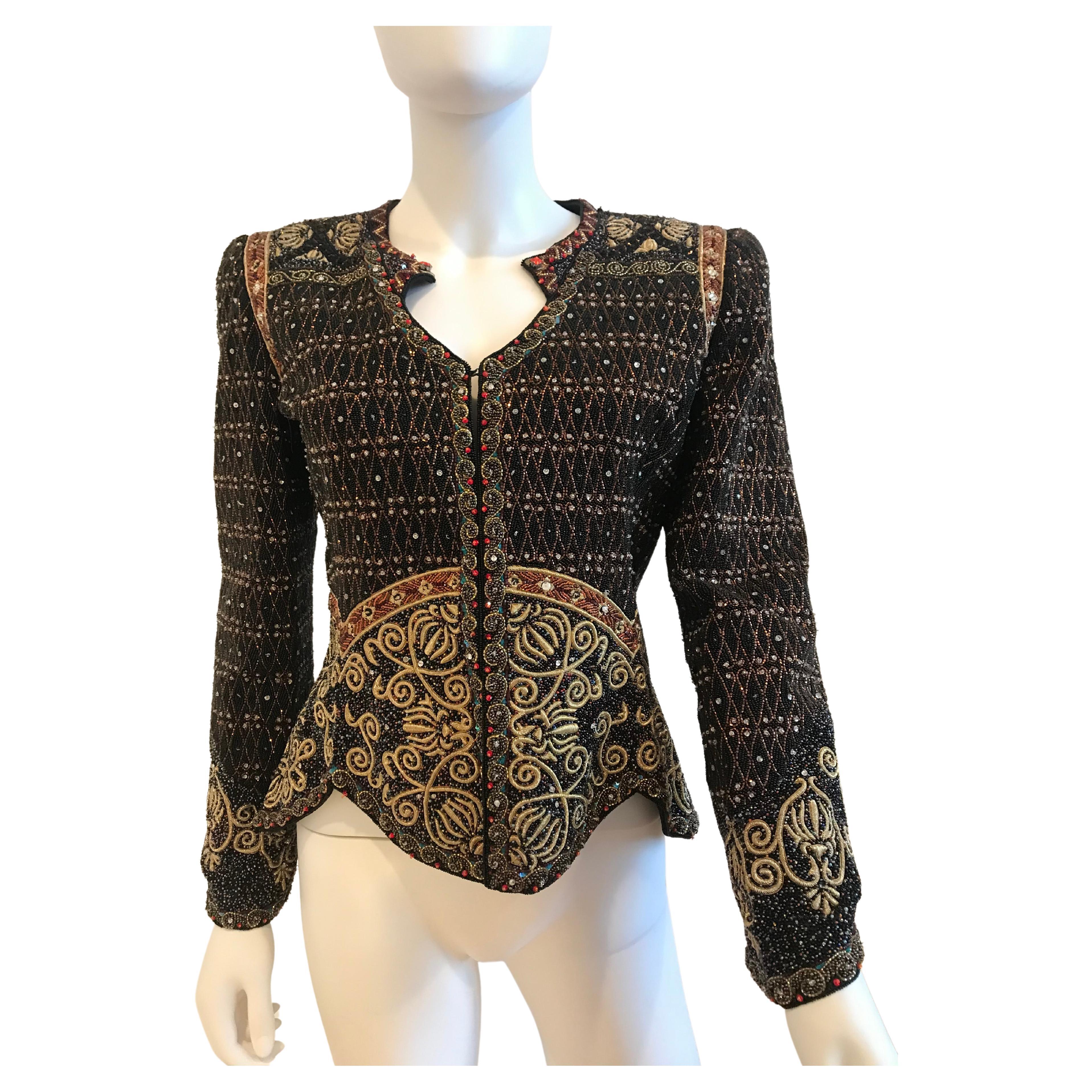 Women's Mary McFadden Black Embroidered and Beaded Evening Crop Jacket For Sale