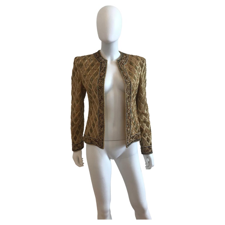 Mary McFadden Gold Embroidered Beaded Jacket with Metal Strip Work For Sale