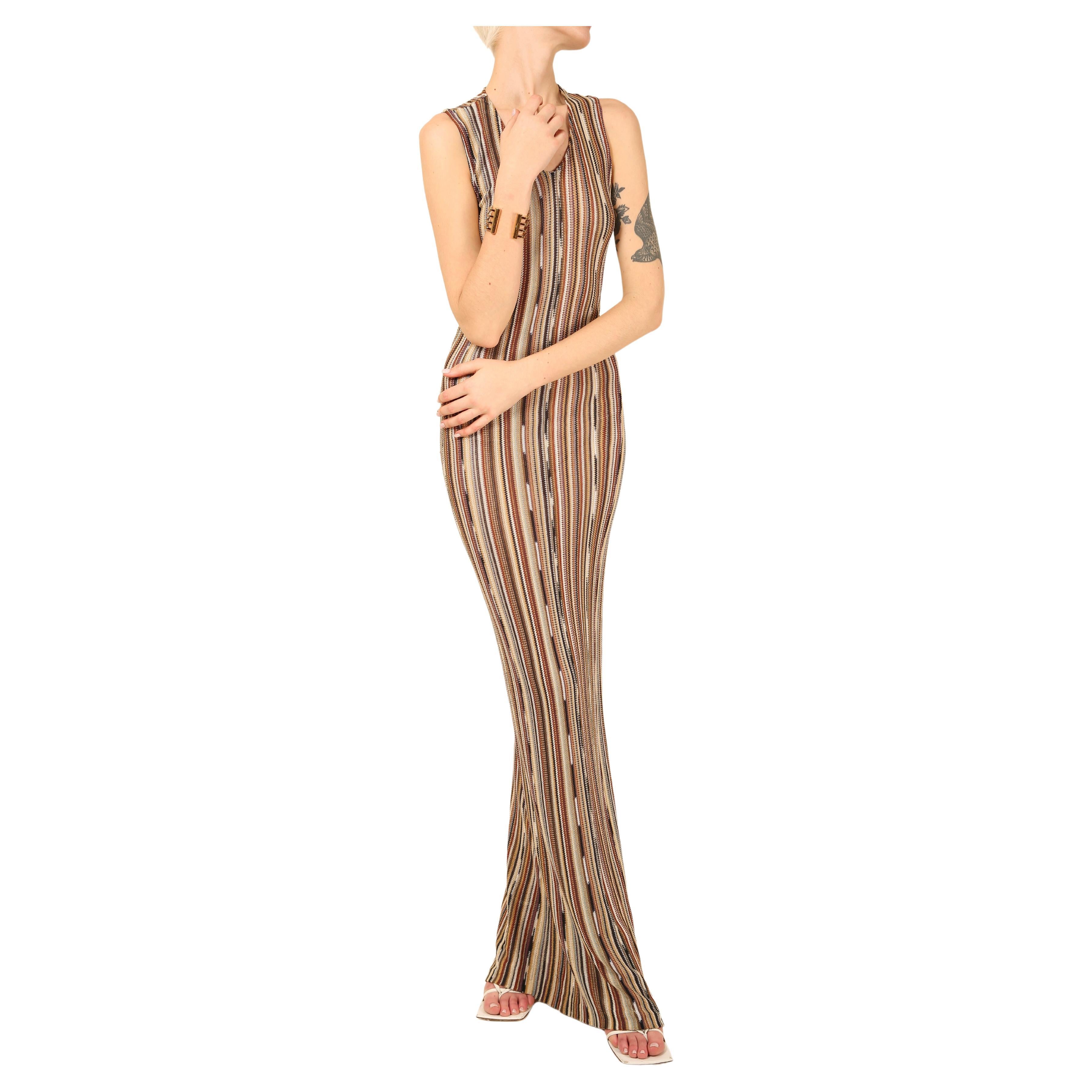 Missoni sleeveless brown white black gold stripe knit body con maxi dress  For Sale