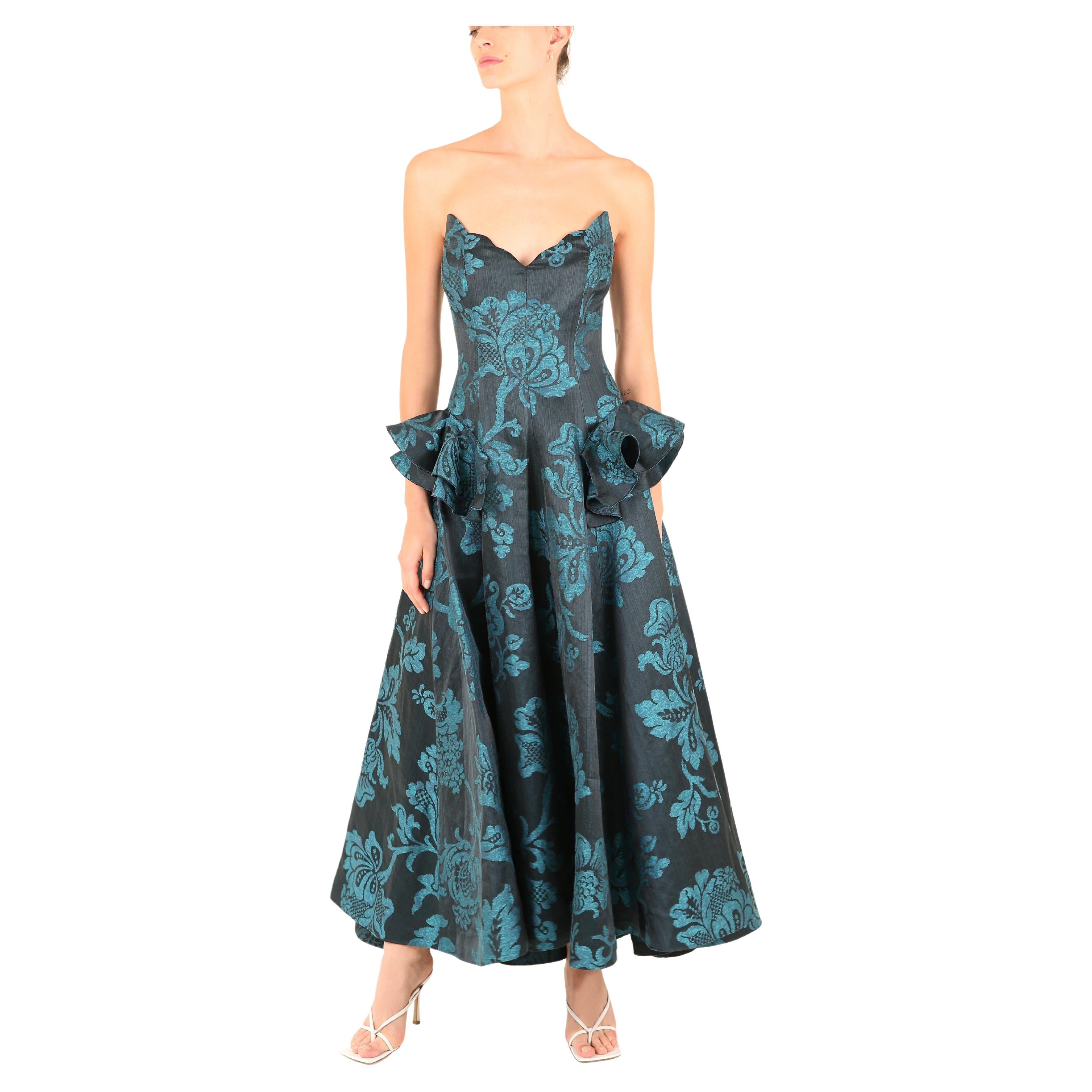 Oscar de la Renta F/W06 strapless floral blue teal fit and flare dress gown XS For Sale