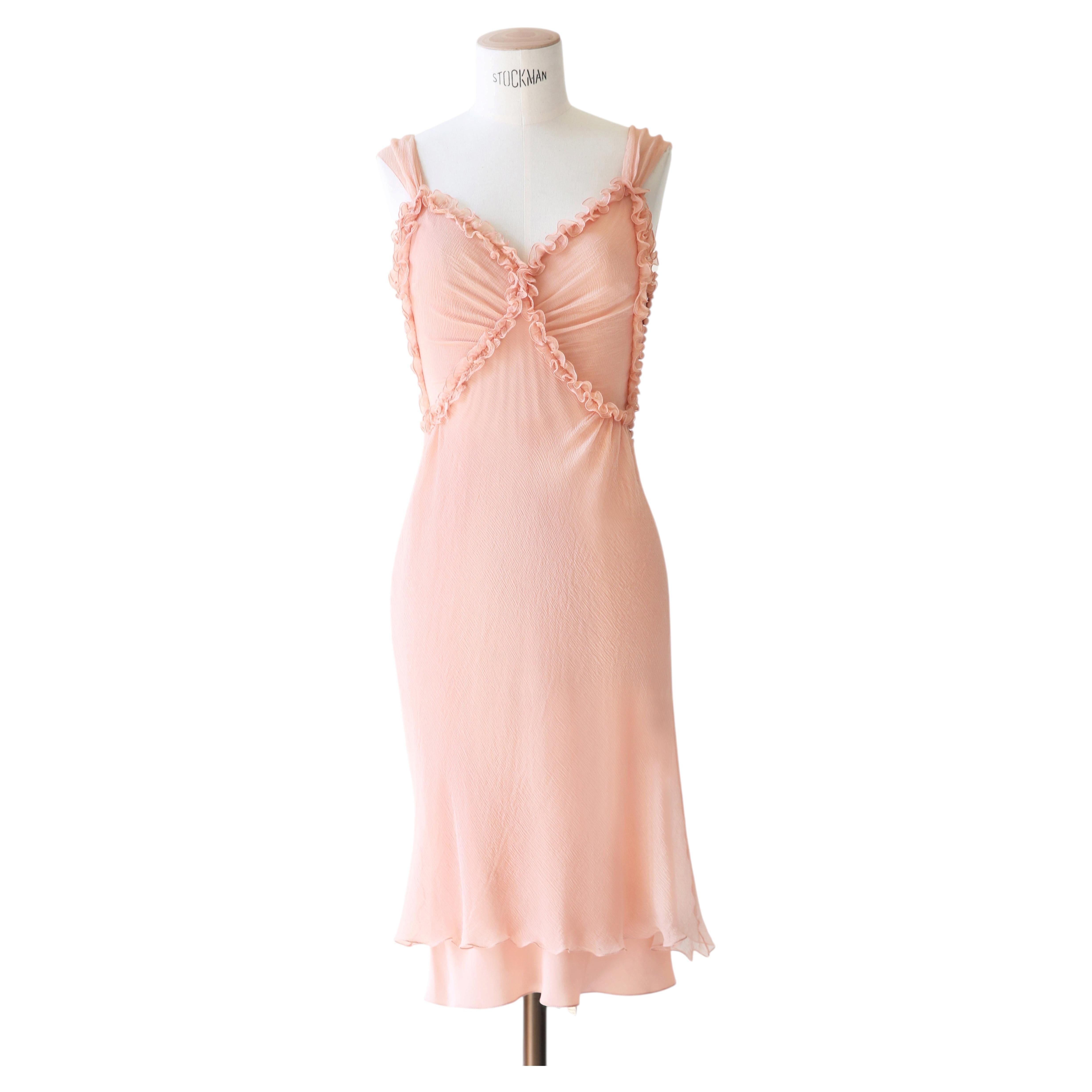 Christian Dior John Galliano Fall 2005 pink silk chiffon ruffle midi dress FR38