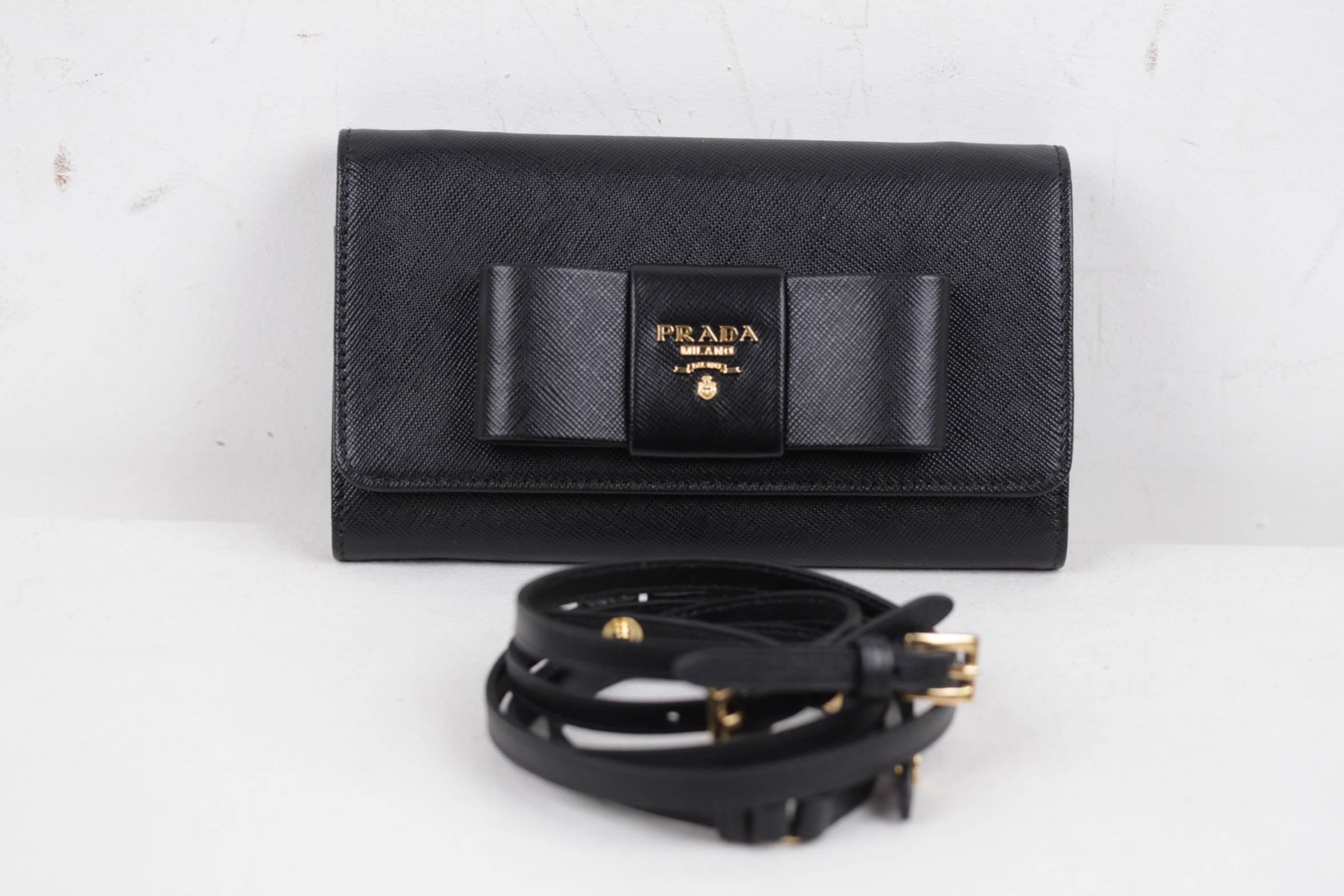 PRADA Black Leather SAFFIANO FIOCCO Ribbon STRAP WALLET Purse WOC 1M1437 BOX 2