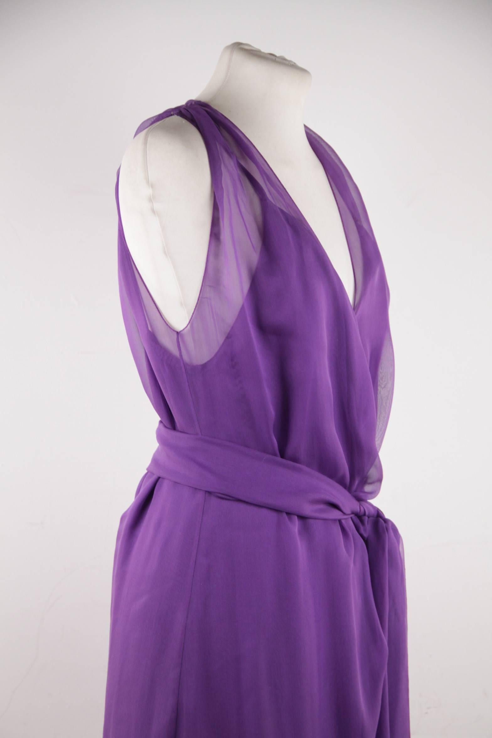 Women's CHANEL 2003 Purple Silk Chiffon ASYMMETRICAL Hem LONG DRESS w/ Stole SIZE 40 FR