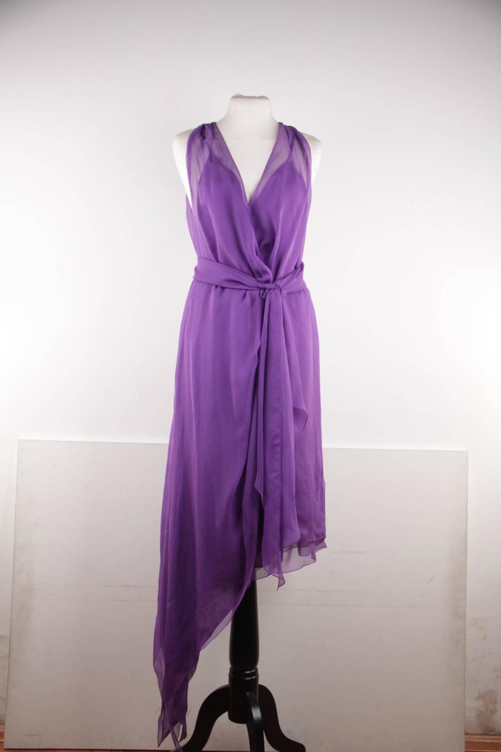 CHANEL 2003 Purple Silk Chiffon ASYMMETRICAL Hem LONG DRESS w/ Stole ...