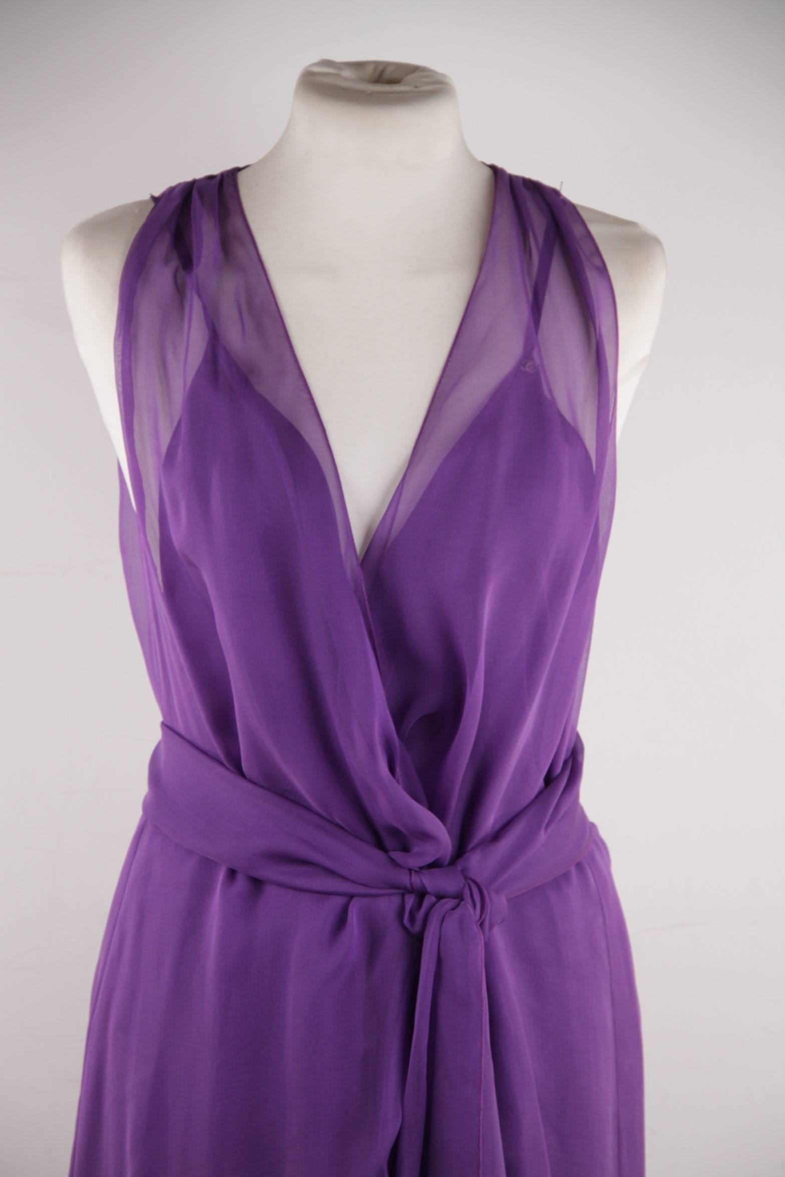 CHANEL 2003 Purple Silk Chiffon ASYMMETRICAL Hem LONG DRESS w/ Stole SIZE 40 FR 2