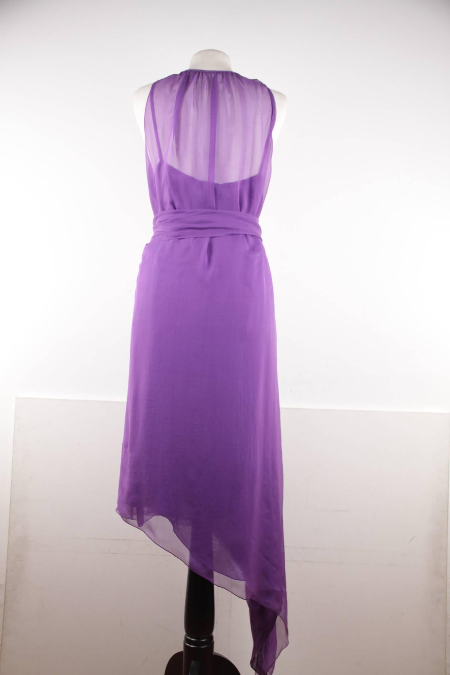 CHANEL 2003 Purple Silk Chiffon ASYMMETRICAL Hem LONG DRESS w/ Stole SIZE 40 FR 4