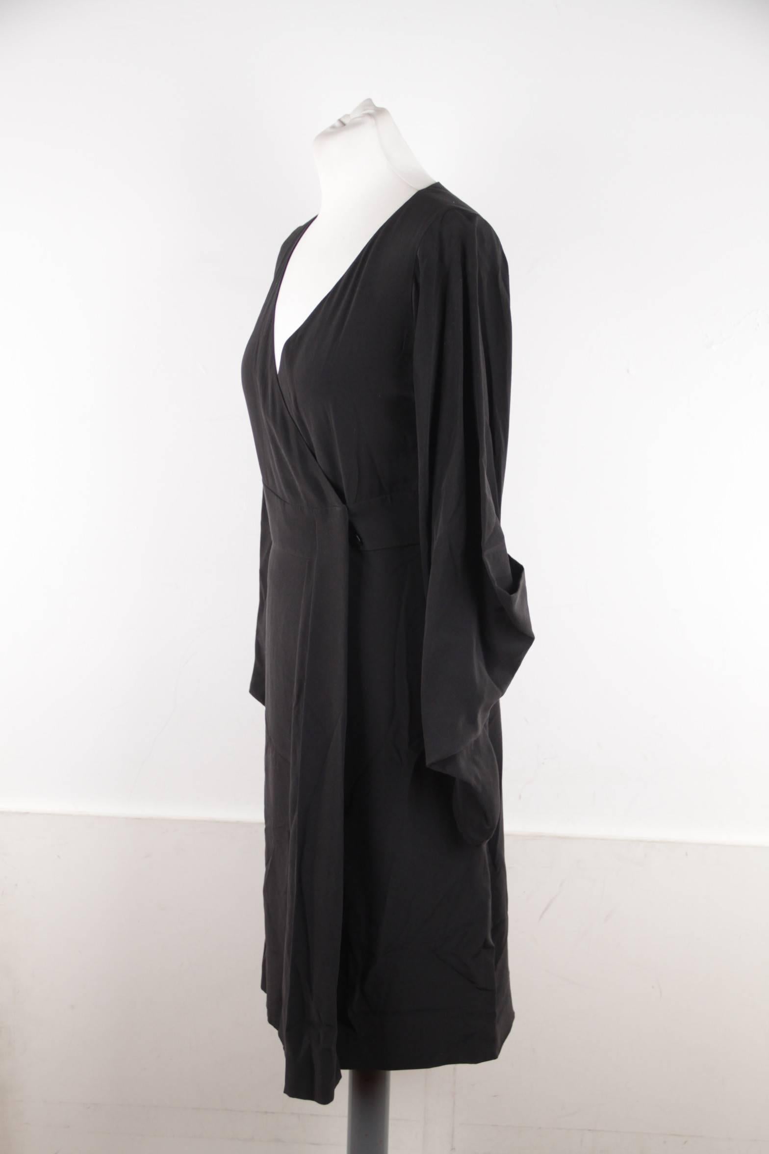 Women's Versace Italian Black Pure Silk Wrap Dress with Blouson Sleeves 