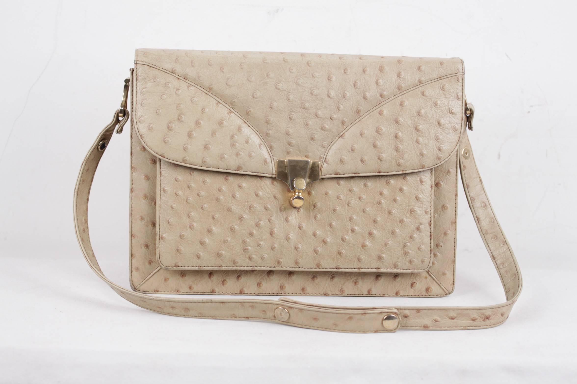 VINTAGE Bolso italiano Beige OSTRICH Cuero estructurado Bolso bandolera Monedero en Excelente Estado en Rome, Rome