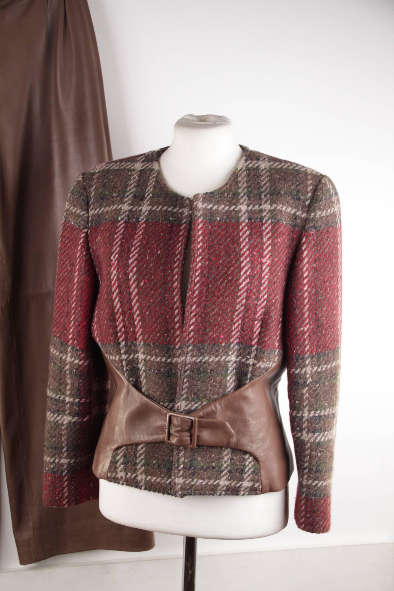 Brown Valentino Wool Plaid Checkered and Leather Suit Jacket and Pants Set  