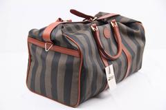 FENDI VINTAGE Tan & Black STRIPED Canvas TRAVEL BAG Weekender w/ Strap