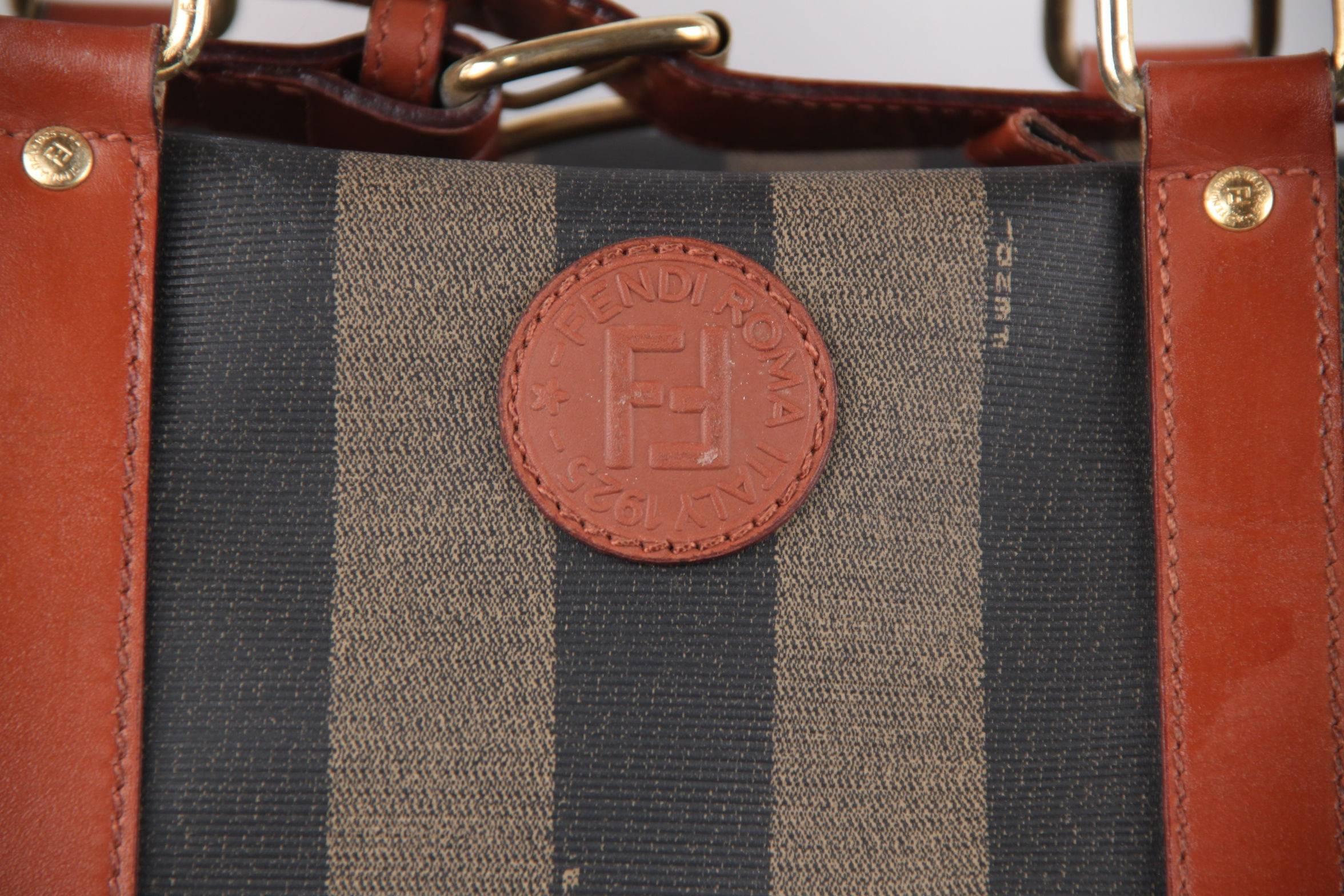 FENDI VINTAGE Tan & Black STRIPED Canvas TRAVEL BAG Weekender w/ Strap 2