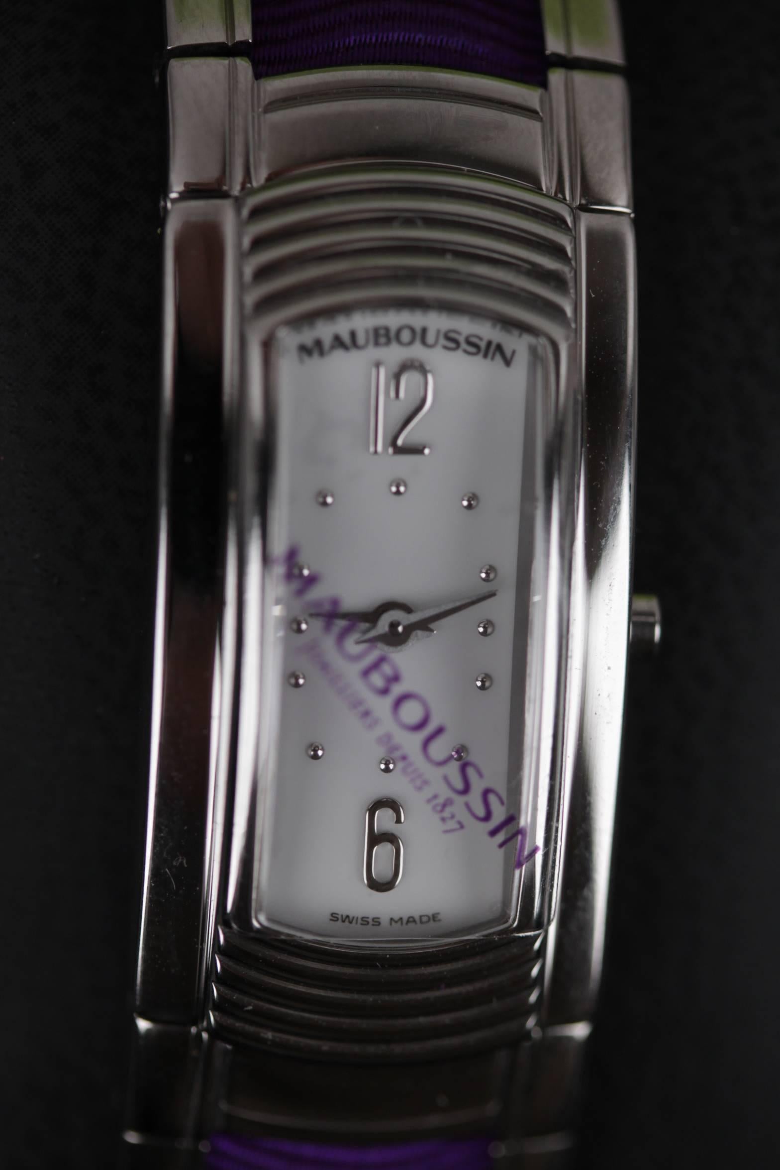 MAUBOUSSIN Stainless Steel LADY M WRIST WATCH Purple GrosGrain Bracelet w/ BOX In New Condition In Rome, Rome