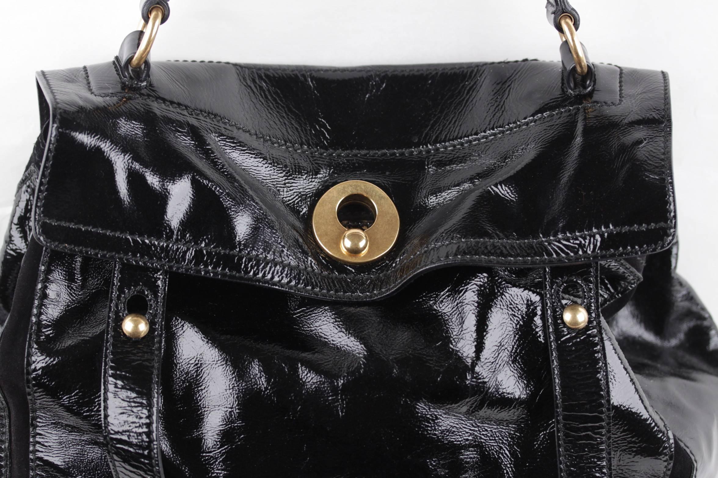 Women's YVES SAINT LAURENT Black Patent Leather MUSE TWO 2 Satchel TOTE Handbag