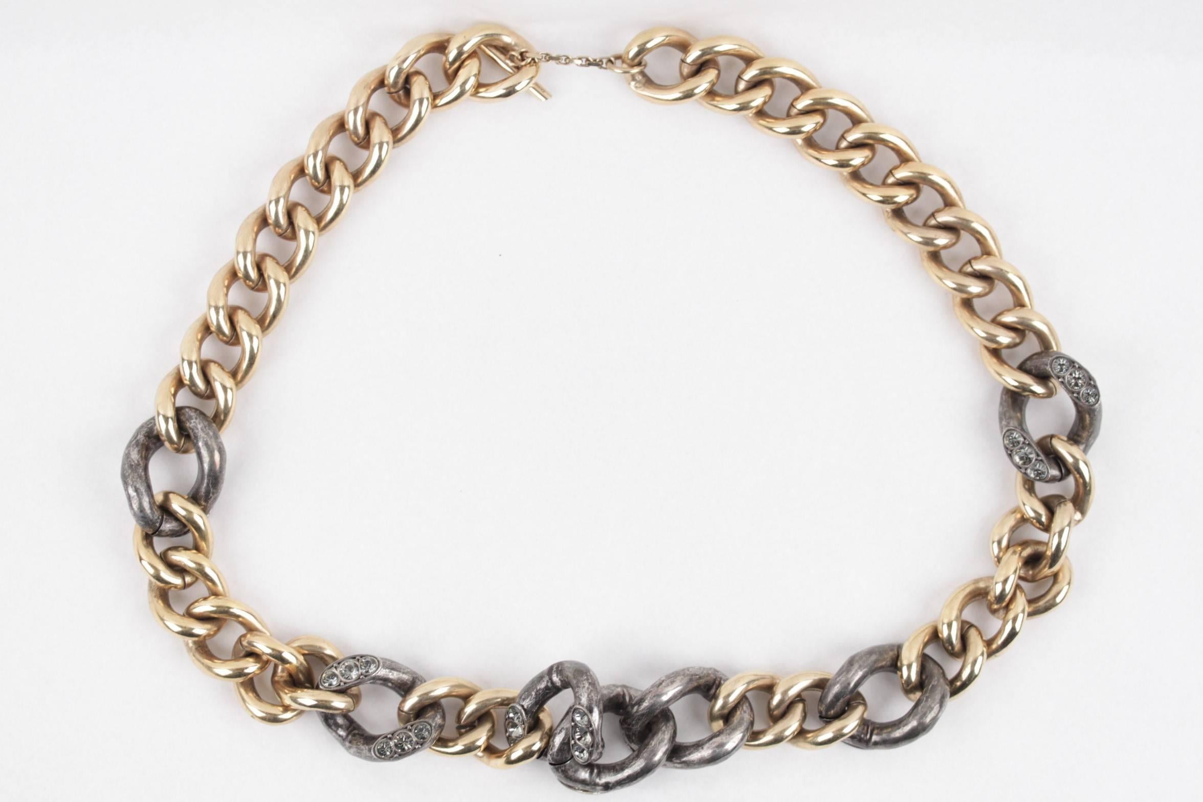 - LANVIN Large Chunky 'Gourmette' Chain Link Long Necklace
- Two-tone style (gold & Silver metal)
- Crystal detailing
- Toggle closure
- Stamped 'LANVIN - Made in France' on toggle
- Approx. measurments: 26 inches - 66 cm

Condition rate