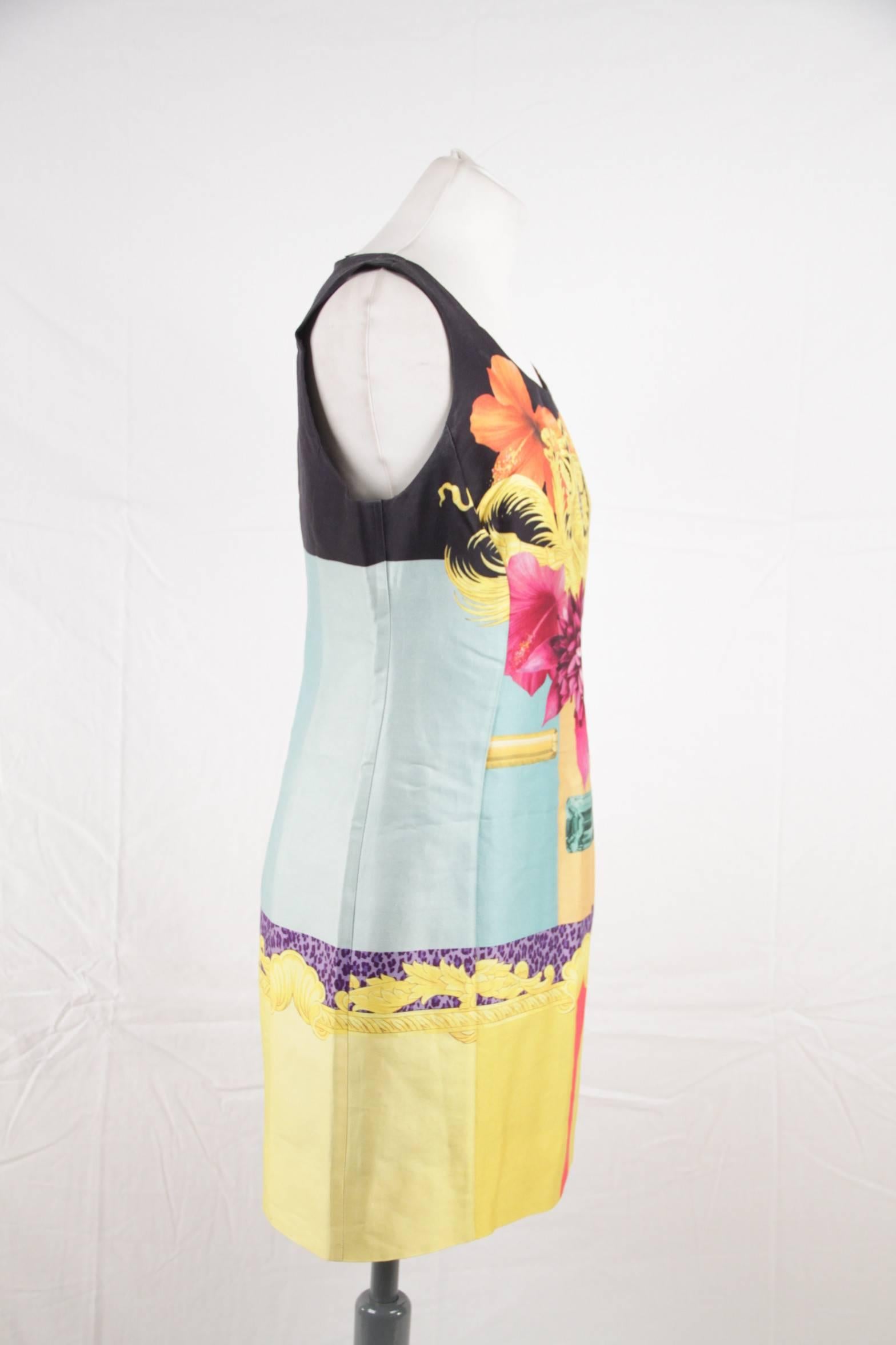 Beige Versace Multicolor Print Cotton and Silk Sleeveless Sheath Dress Size 42