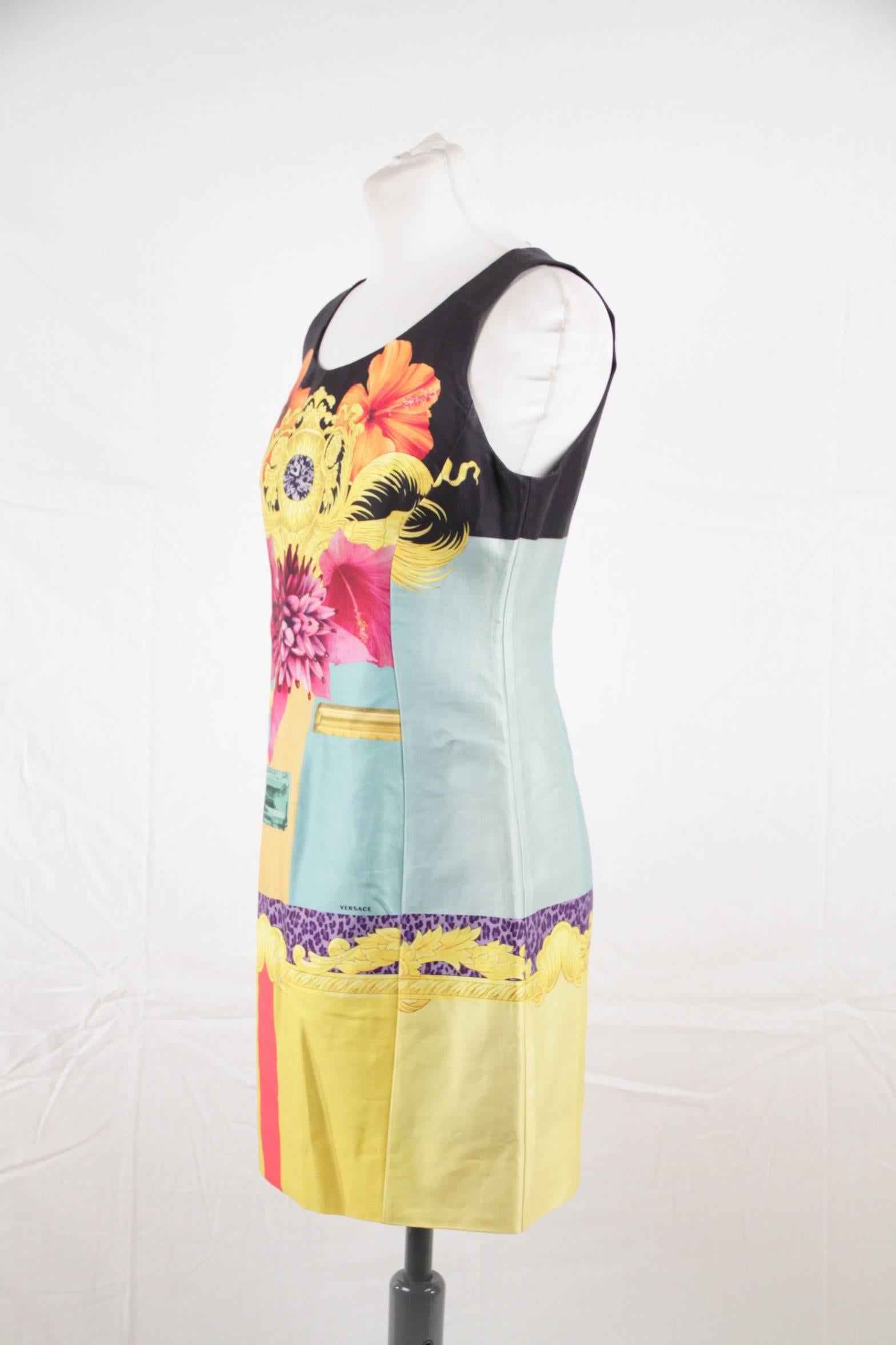 Women's Versace Multicolor Print Cotton and Silk Sleeveless Sheath Dress Size 42