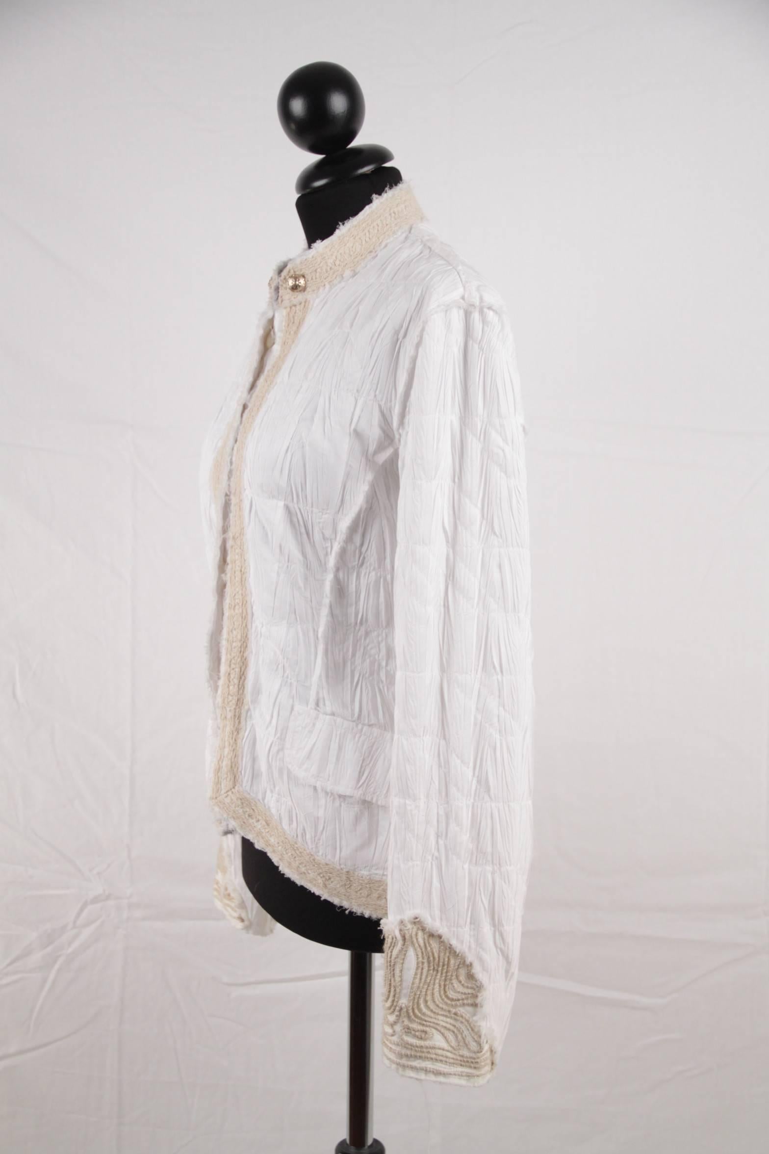 Women's ERMANNO DAELLI White Crinckled COLLARLESS JACKET w/ Embroidery SIZE 44