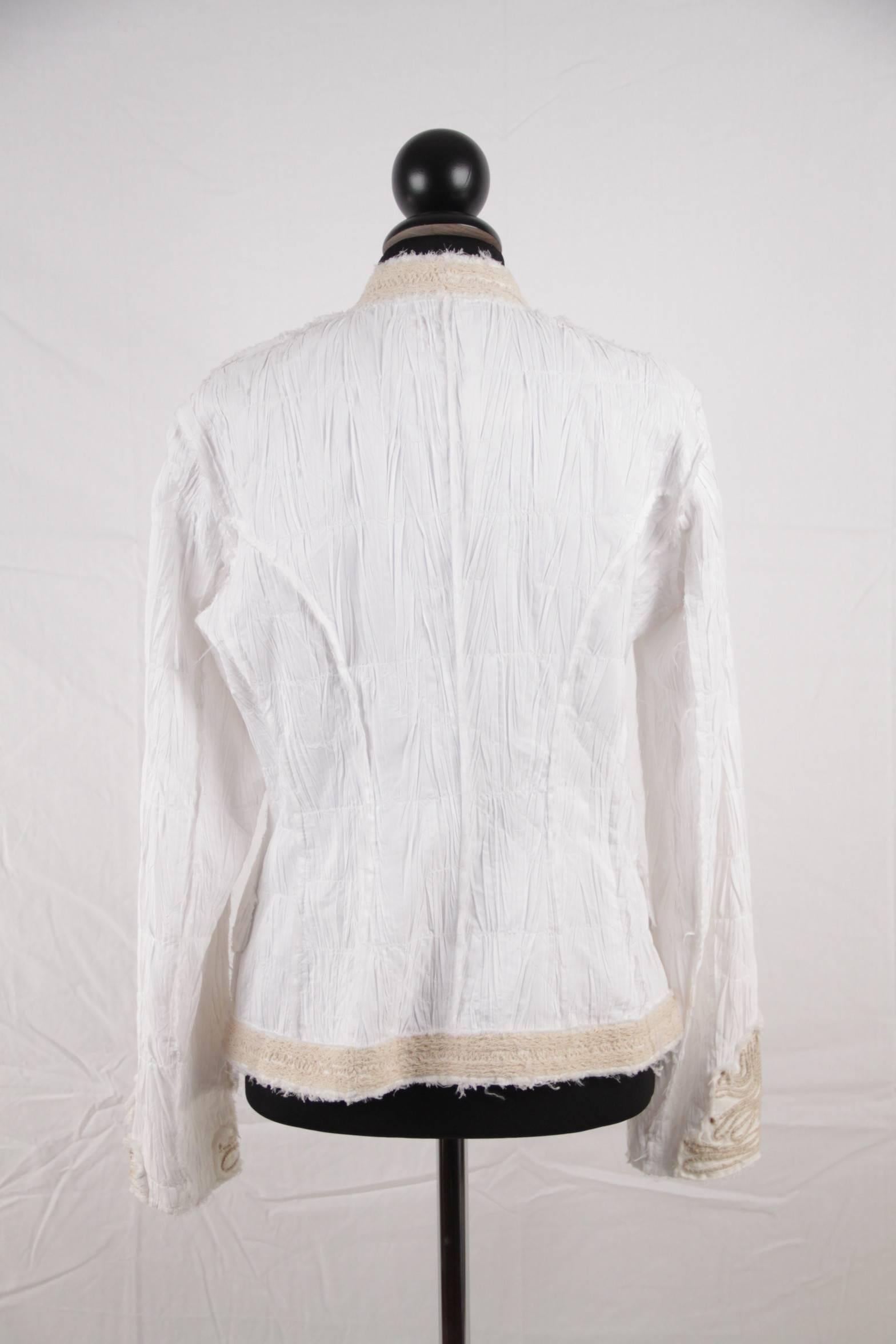 ERMANNO DAELLI White Crinckled COLLARLESS JACKET w/ Embroidery SIZE 44 2