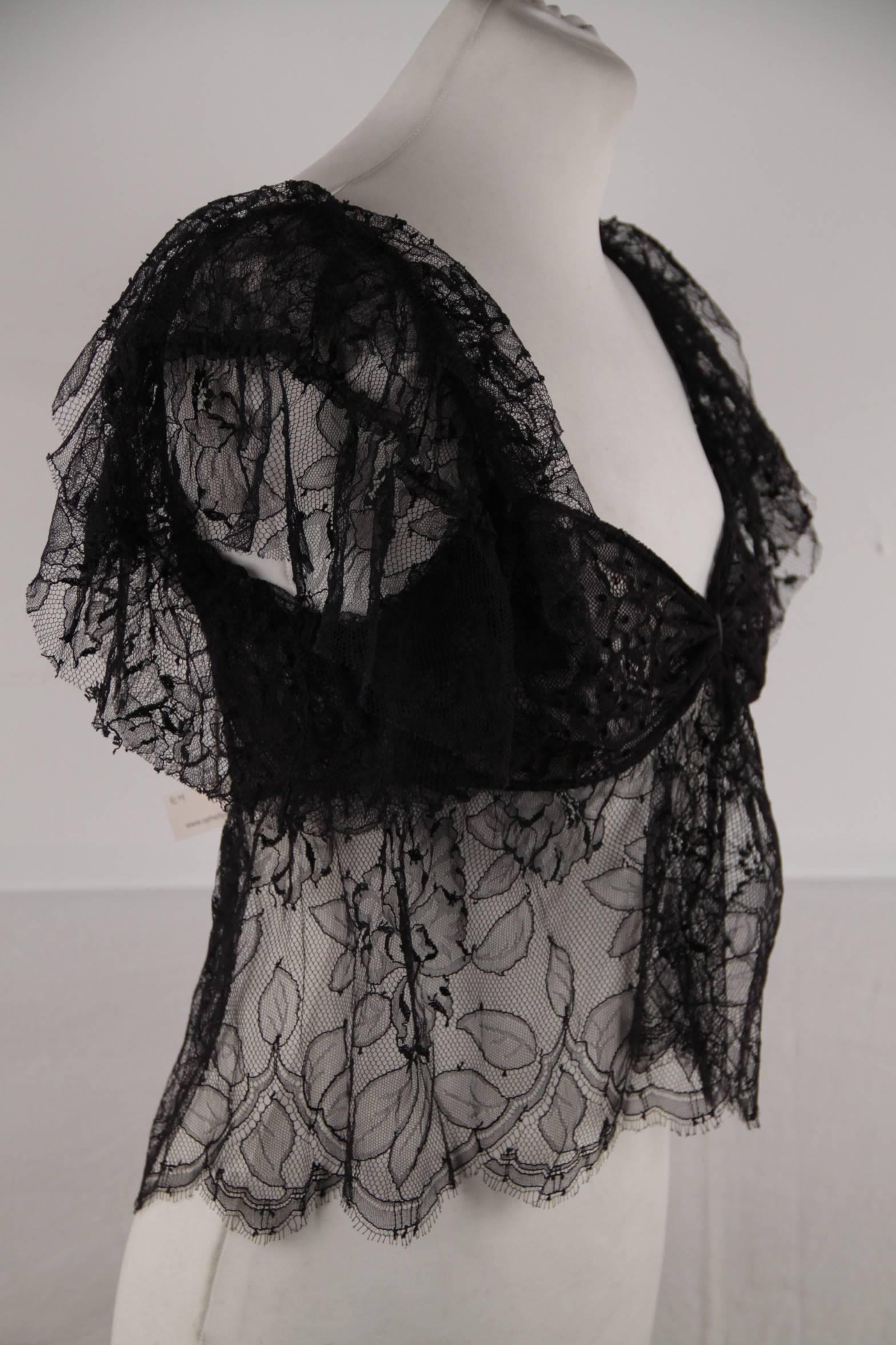 YVES SAINT LAURENT RIVE GAUCHE Black LACE Sheer TOP w/ FRILLS Size M In Good Condition In Rome, Rome