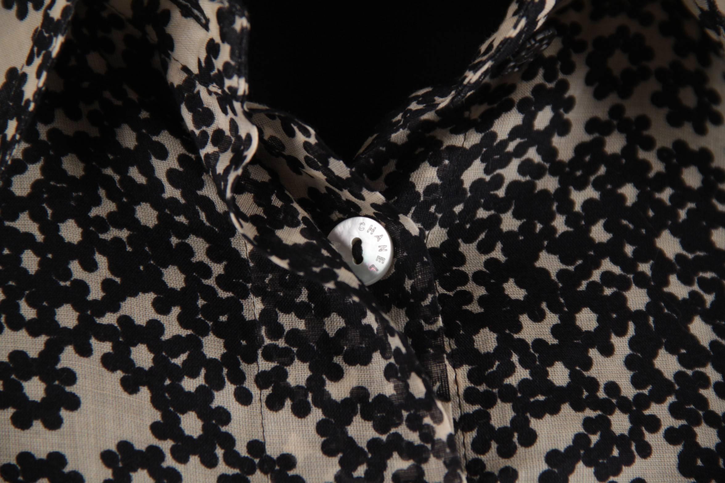 Women's CHANEL Beige & Black FLORAL Pure Cotton SHIRT Blouse 3/4 Sleeves SIZE 38