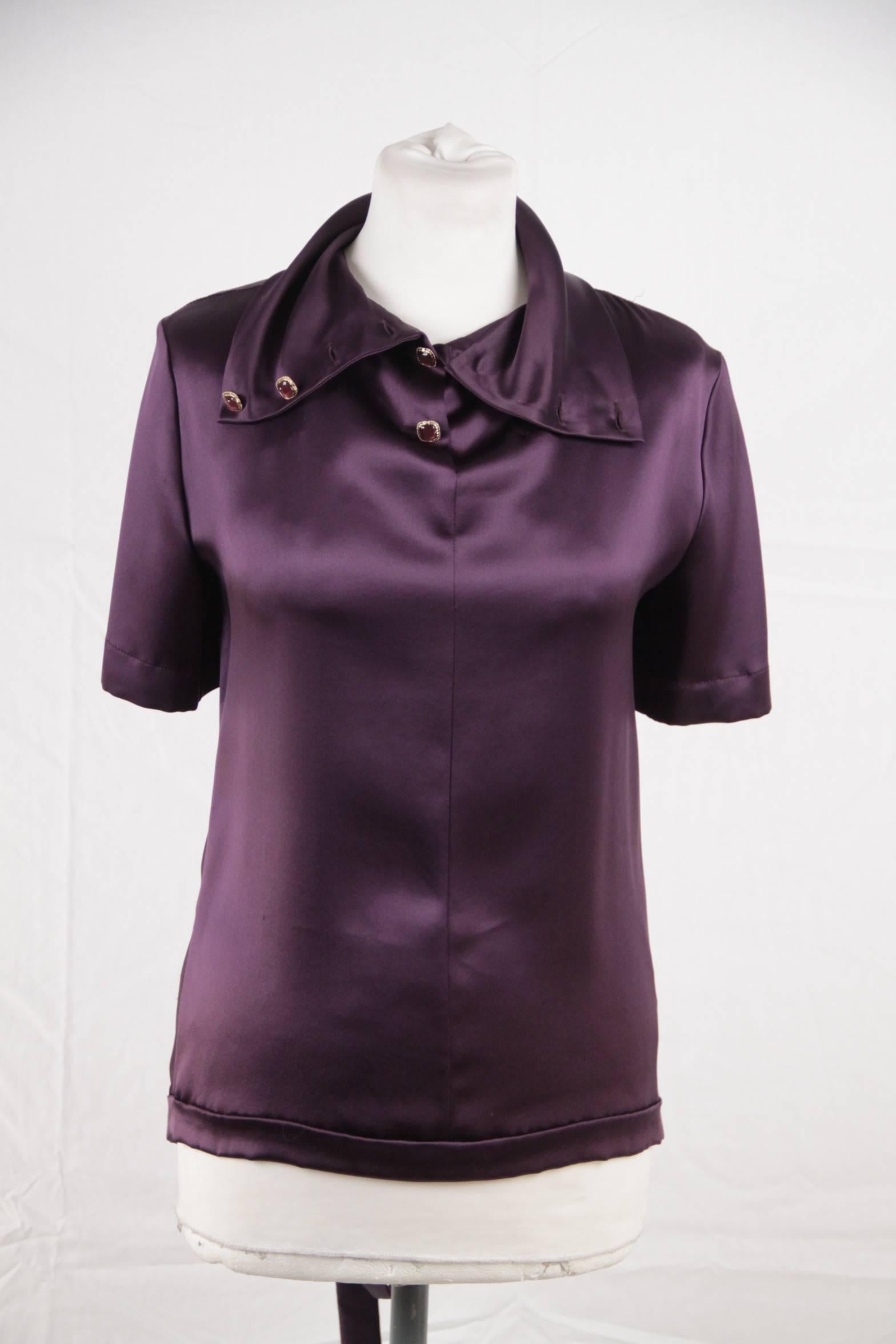 Black CHANEL Purple Silk SHORT SLEEVE BLOUSE Shirt SIZE 36 EM