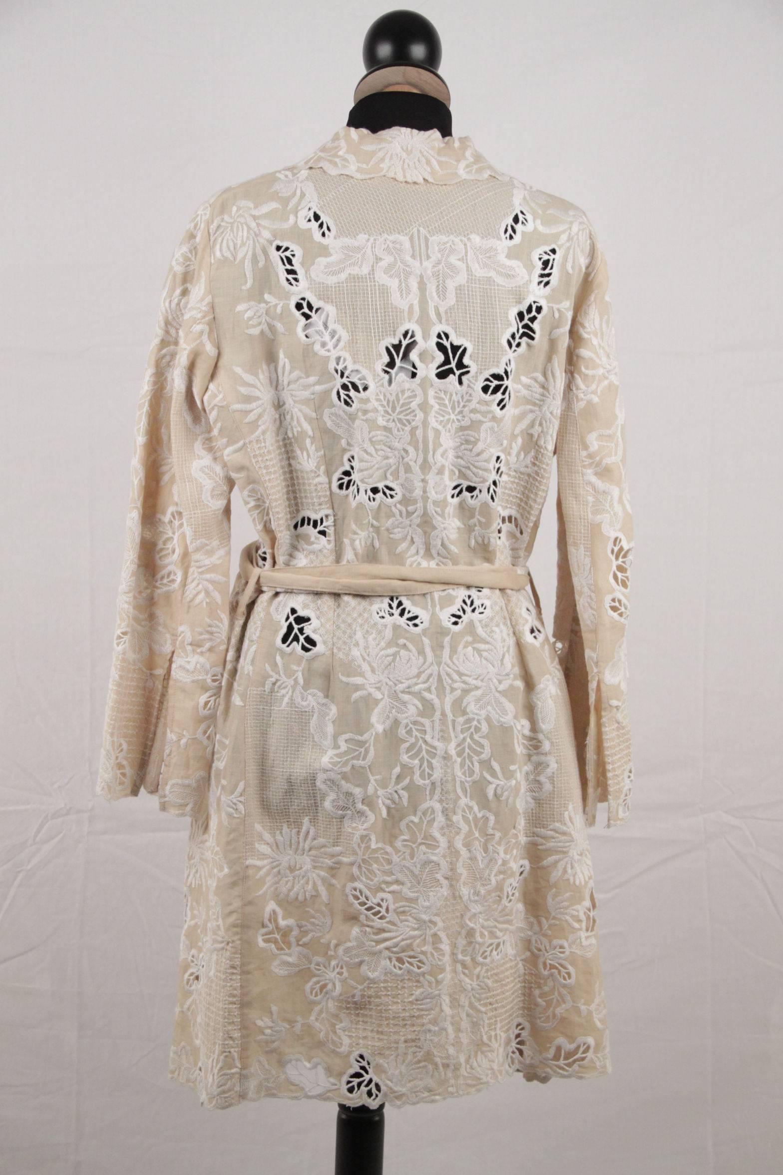 SCERVINO STREET Beige & White EMBROIDERIE Floral TRENCH COAT Size 44 1