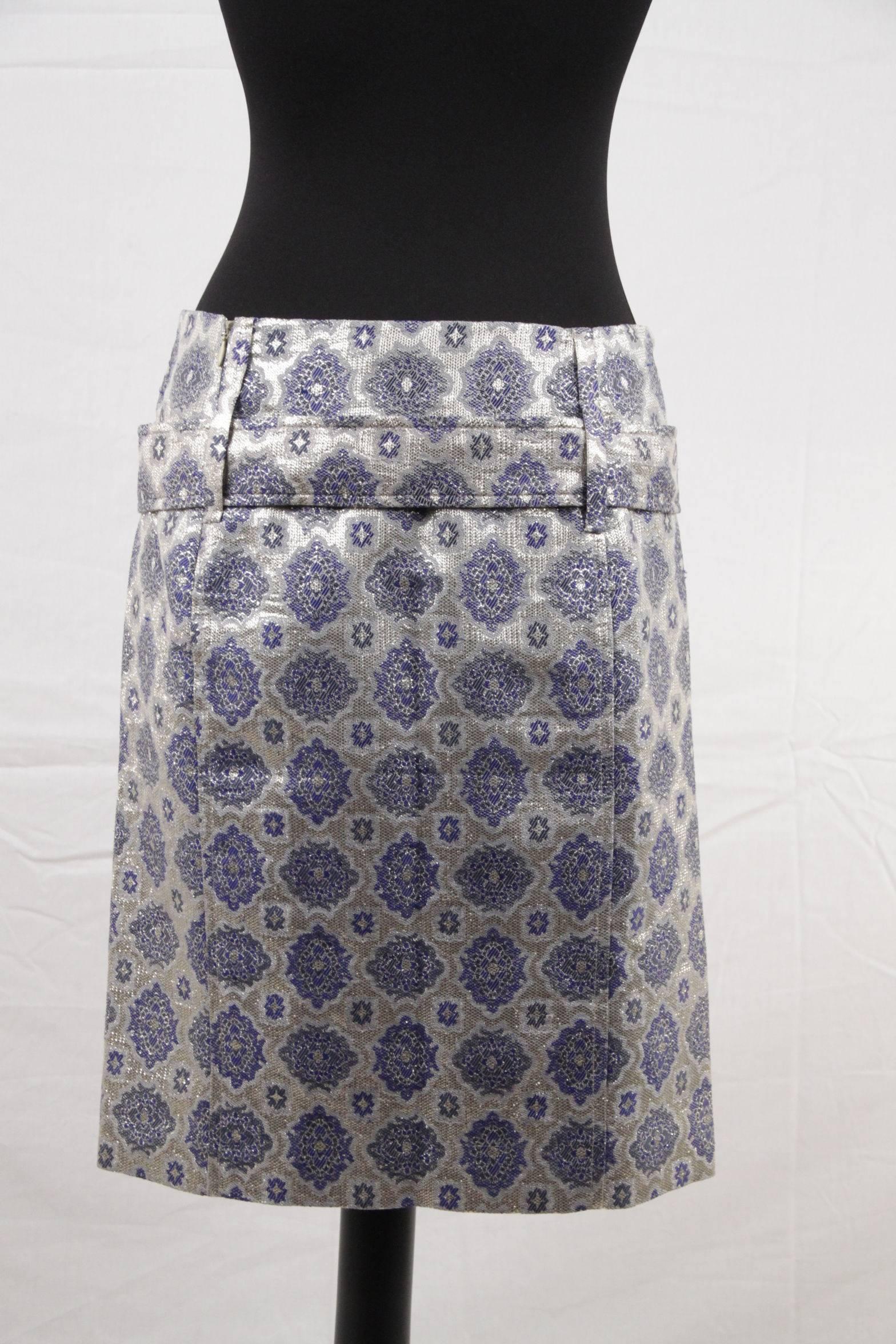 PRADA Gold Tone & Blue Damask Silk Blend STRAIGHT SKIRT Knee Lenght SIZE 40 In Good Condition In Rome, Rome