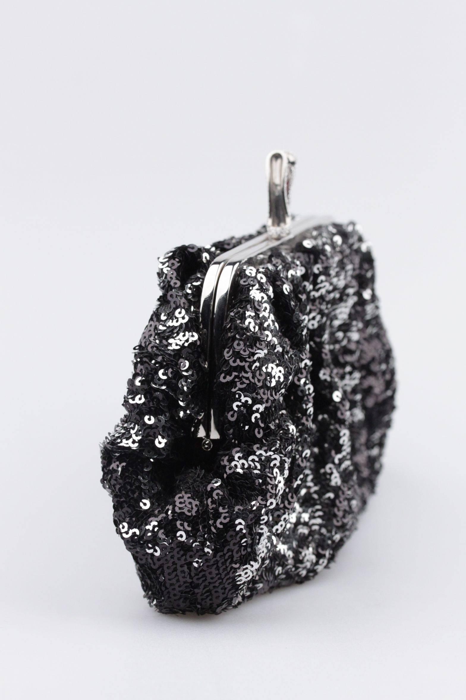 Black CHRISTIAN LOUBOUTIN Silver Sequined MINI LOUBI LULA Bag CLUTCH Handbag