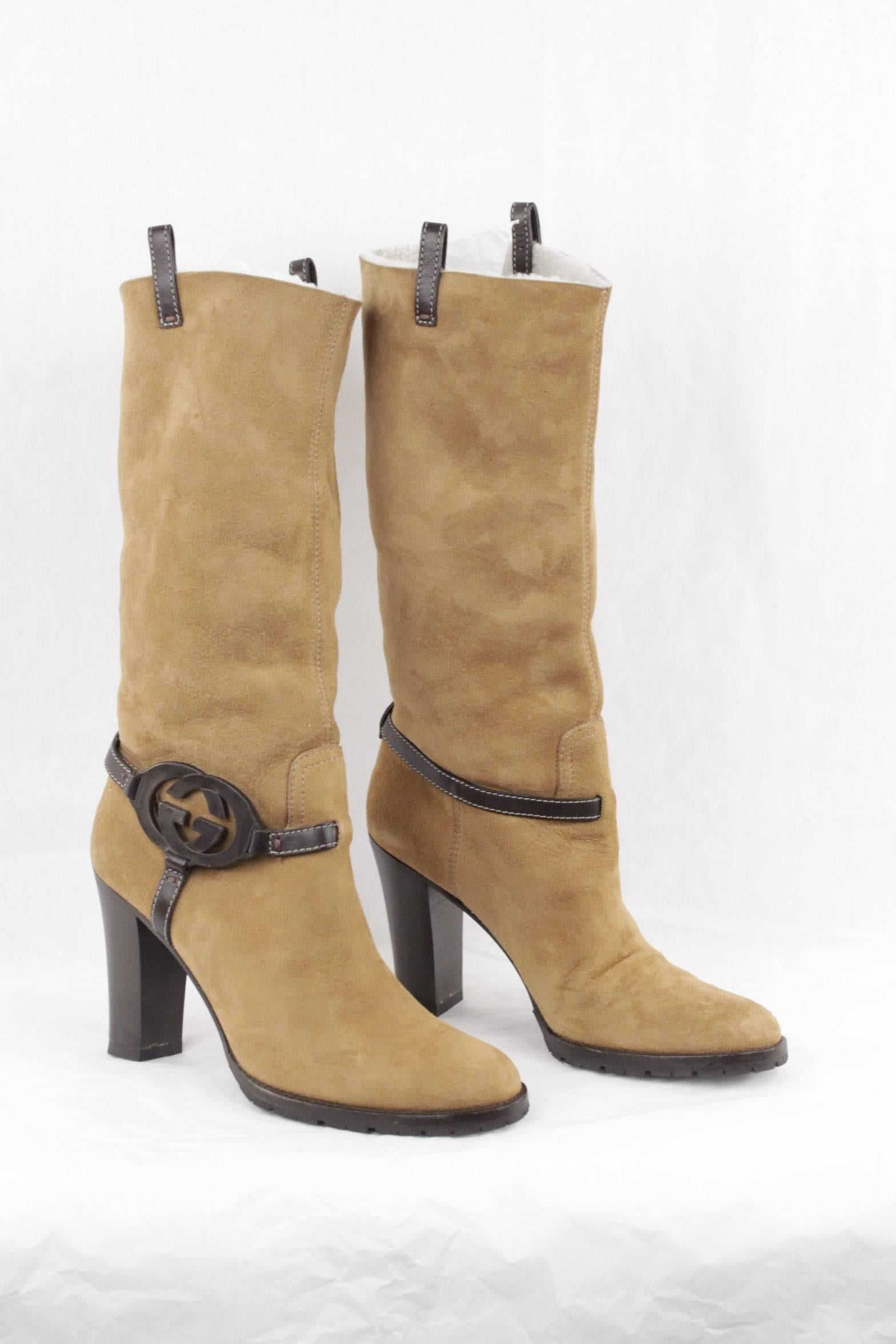 Brown GUCCI Beige Suede HEELED BOOTS Shearling Lining GG LOGO Size 38 1/2